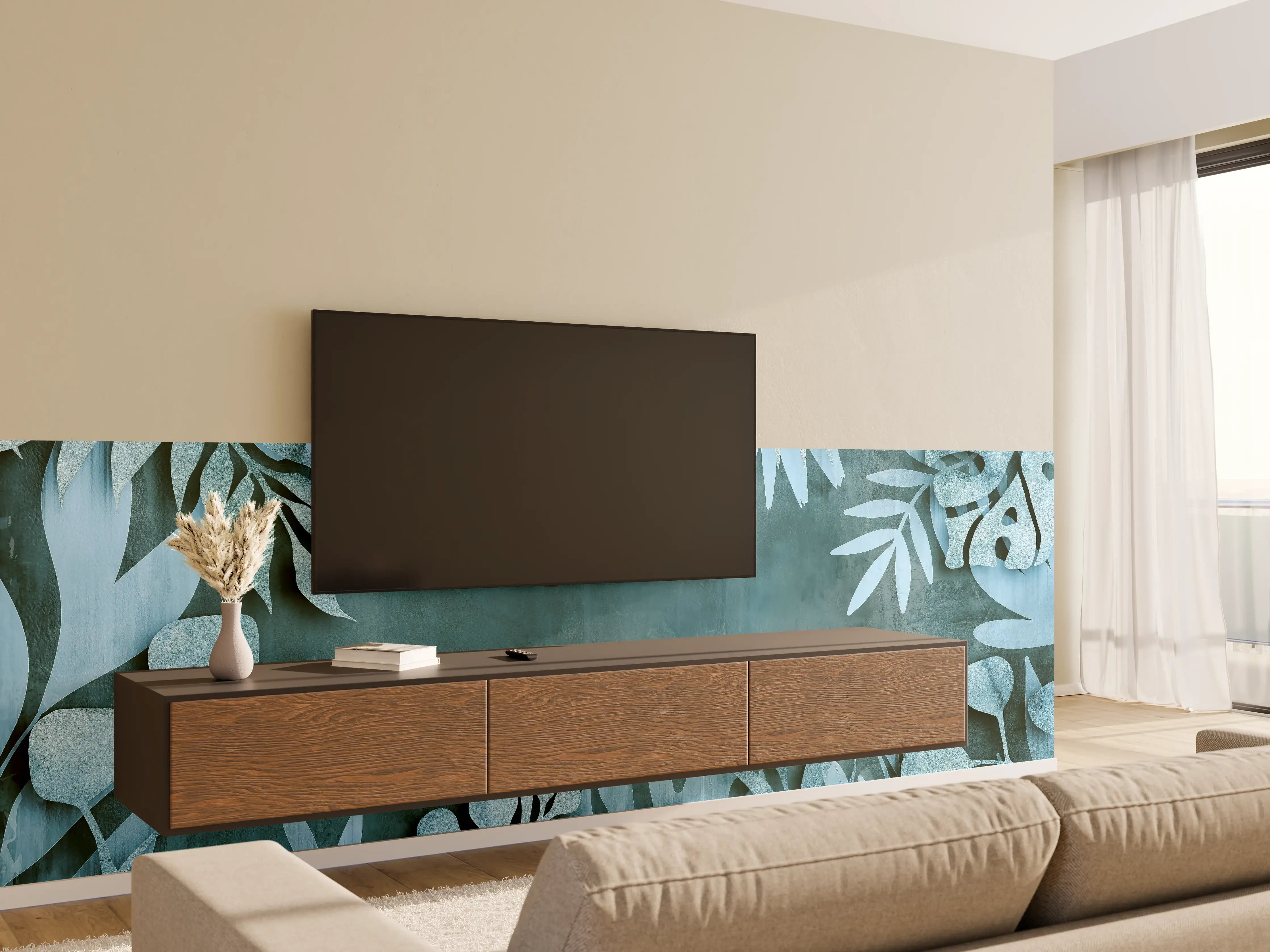Wandverkleidung Wohnzimmer - Abstrakte Botanik in Blau-Türkis
