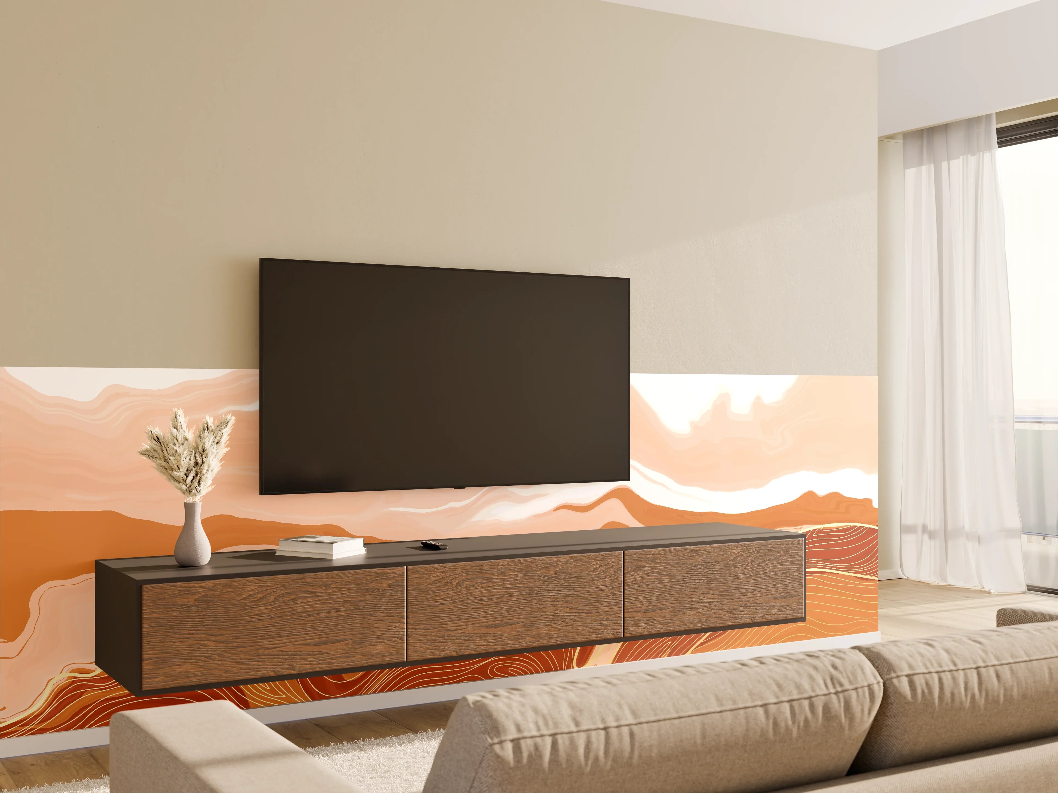 Wandverkleidung Wohnzimmer - Abstrakte Erdtöne Linienkunst