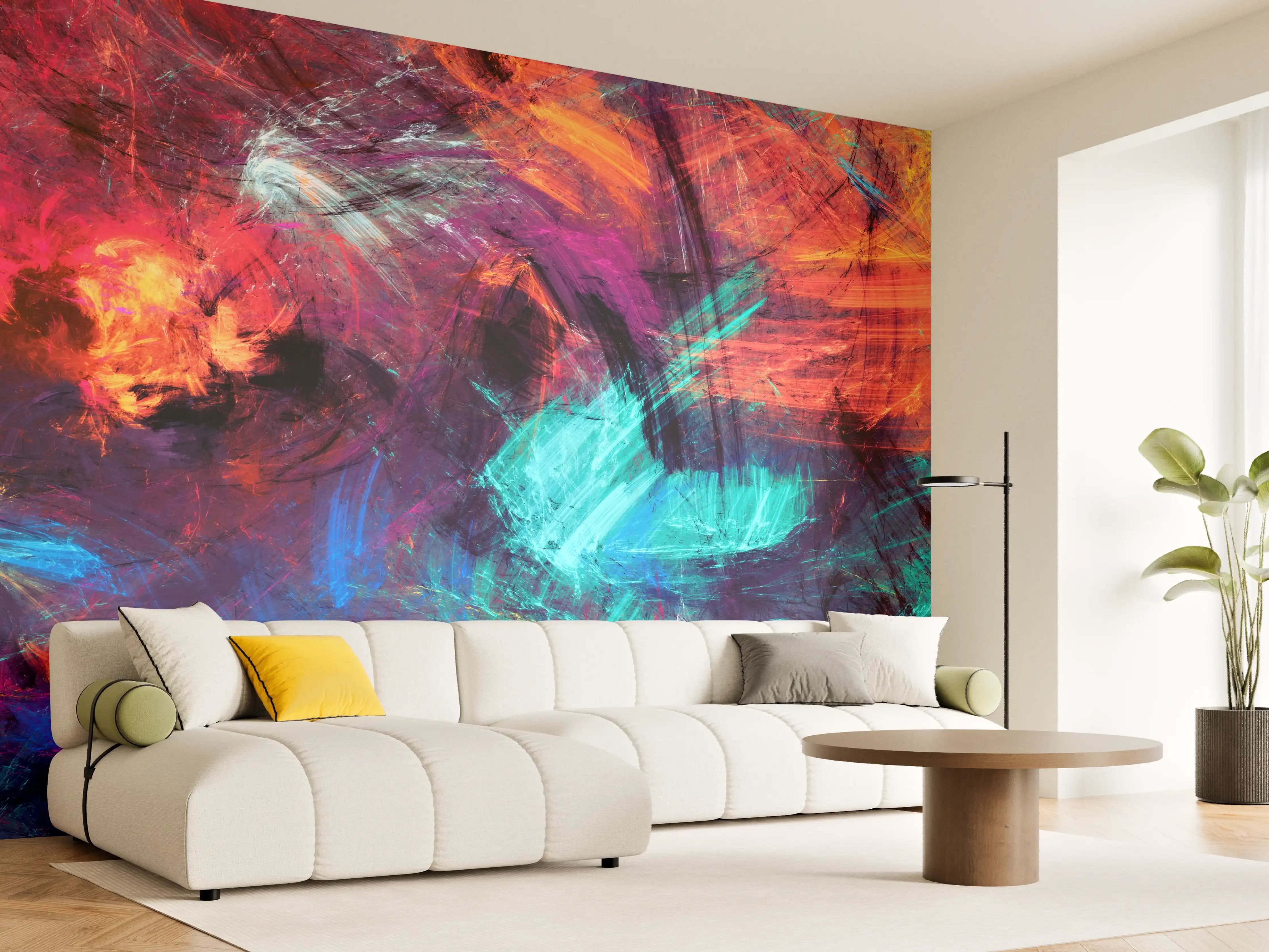 Wandverkleidung Wohnzimmer - Abstrakte Farbexplosion auf Leinwand