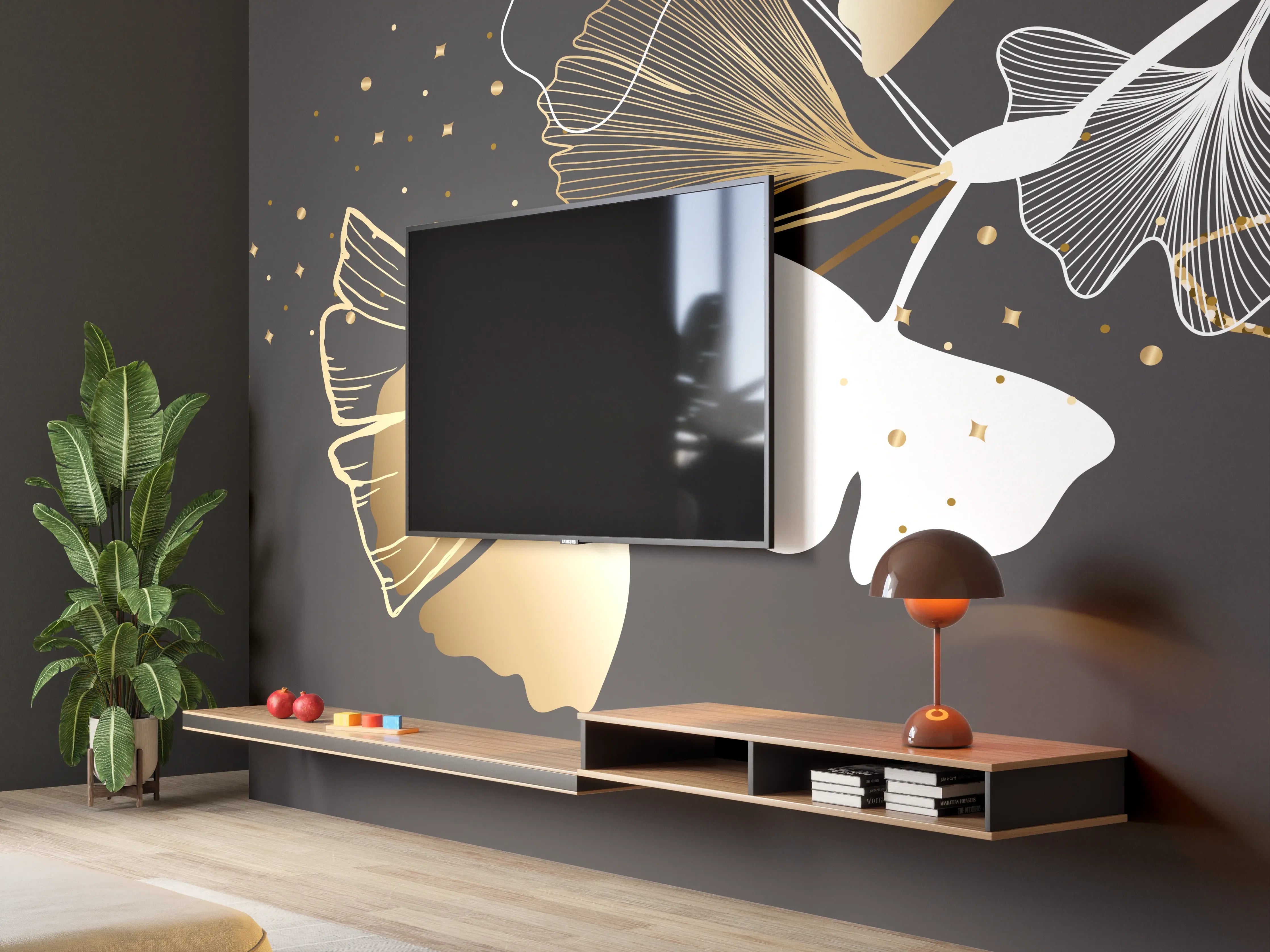 Wandverkleidung Wohnzimmer - Abstrakte Ginkgo Muster Gold Schwarz
