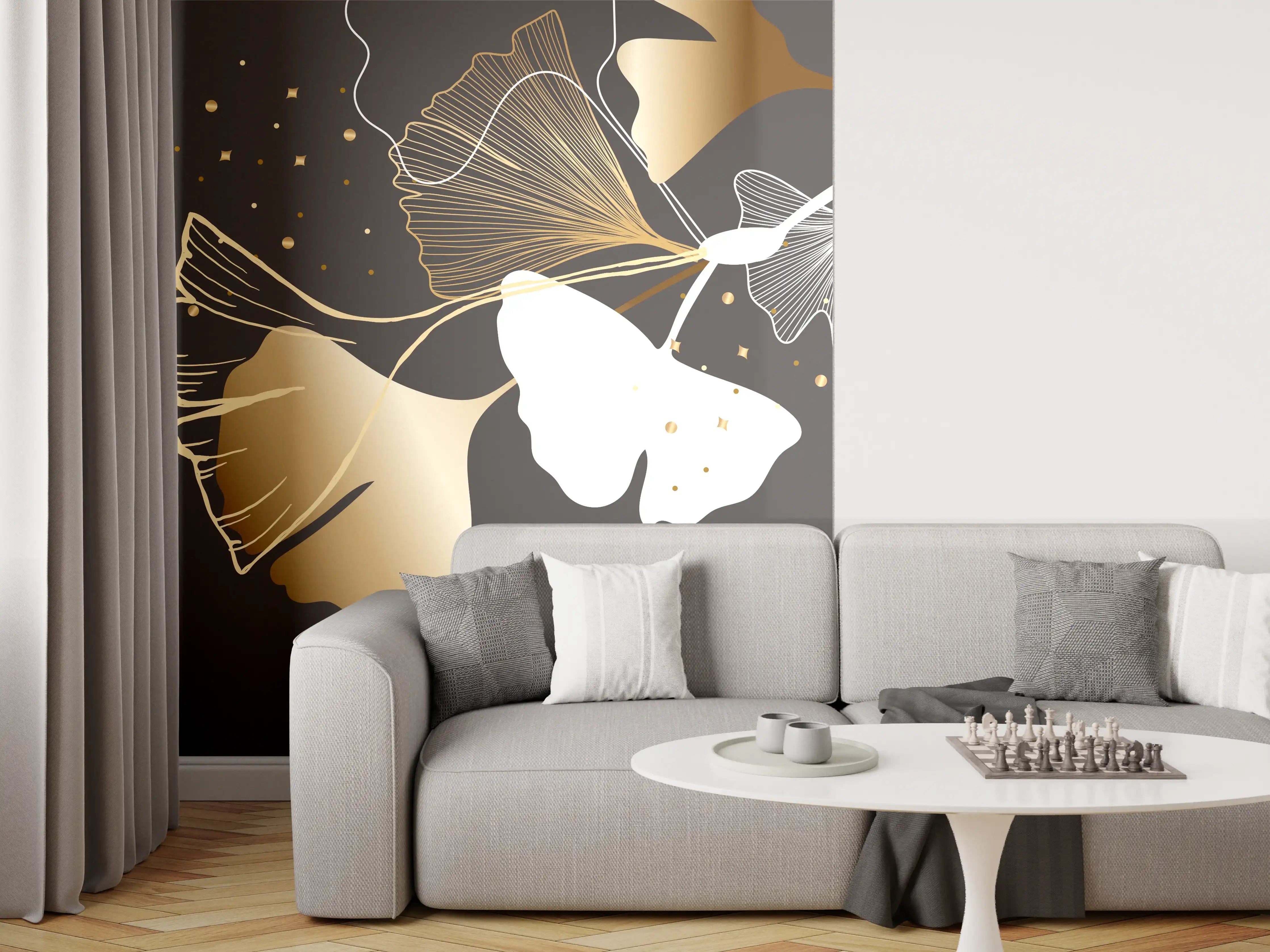 Wandverkleidung Wohnzimmer - Abstrakte Ginkgo Muster Gold Schwarz