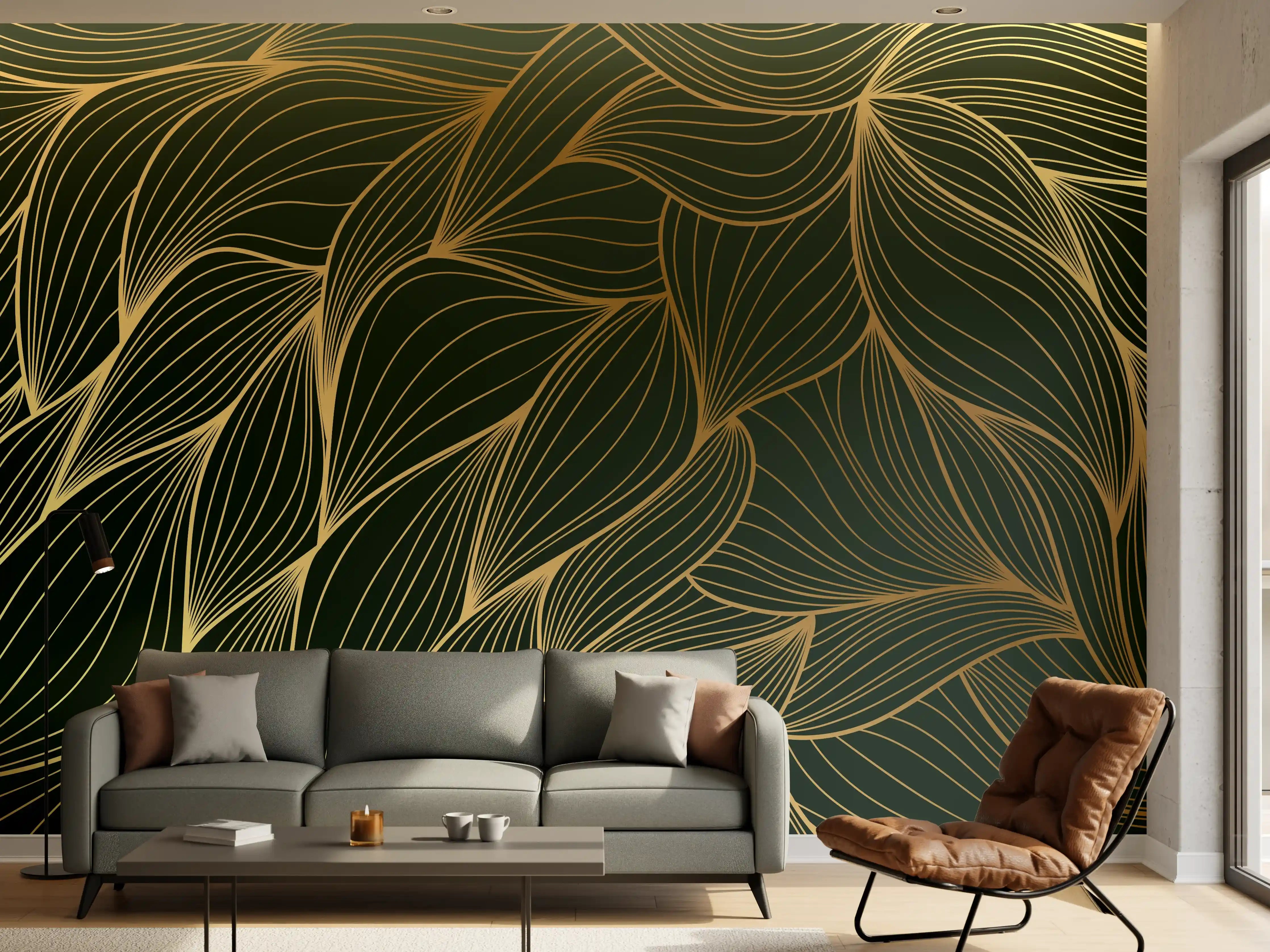 Wandverkleidung Wohnzimmer - Abstrakte Gold-Grün-Wellenmuster