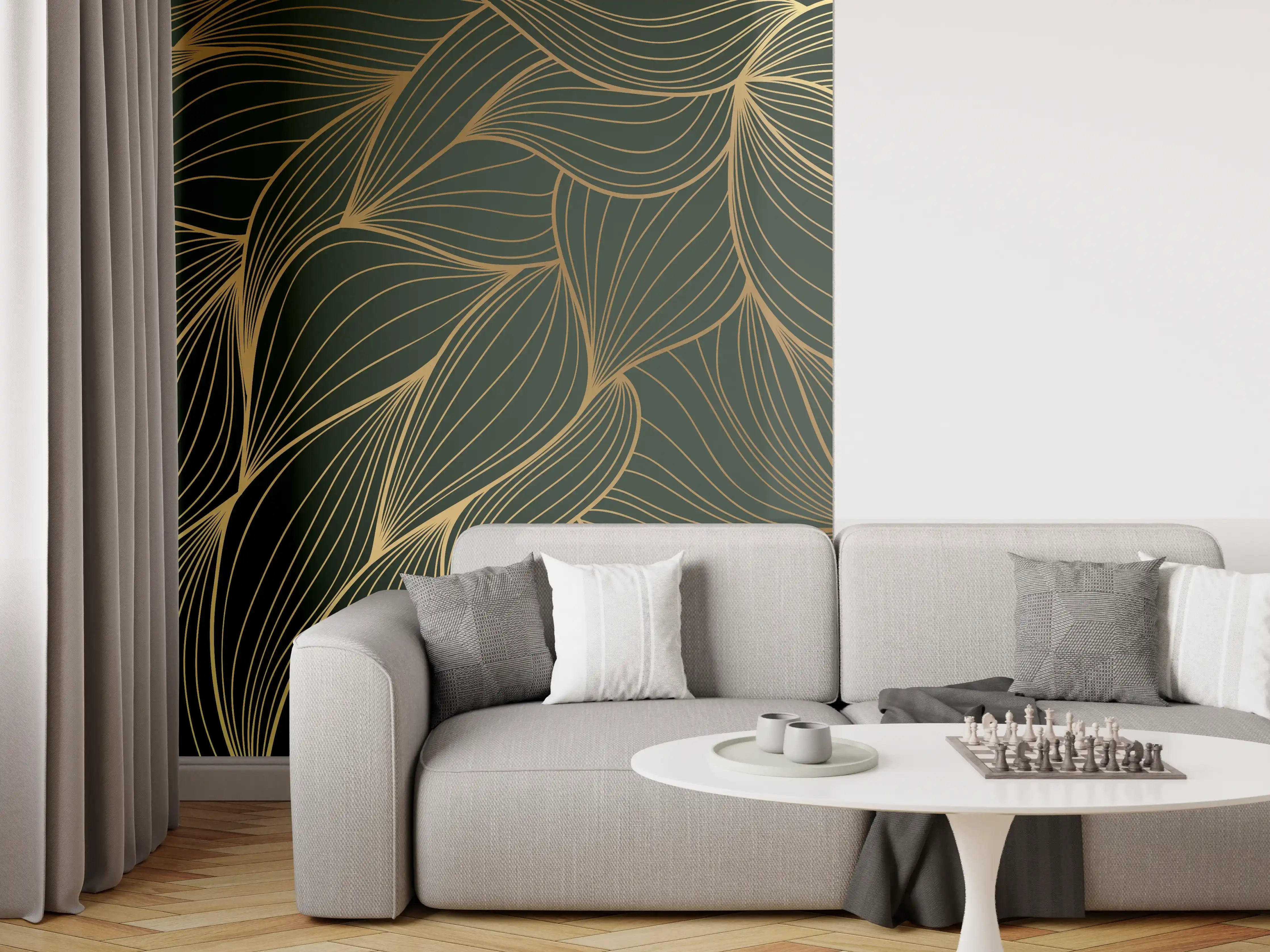 Wandverkleidung Wohnzimmer - Abstrakte Gold-Grün-Wellenmuster