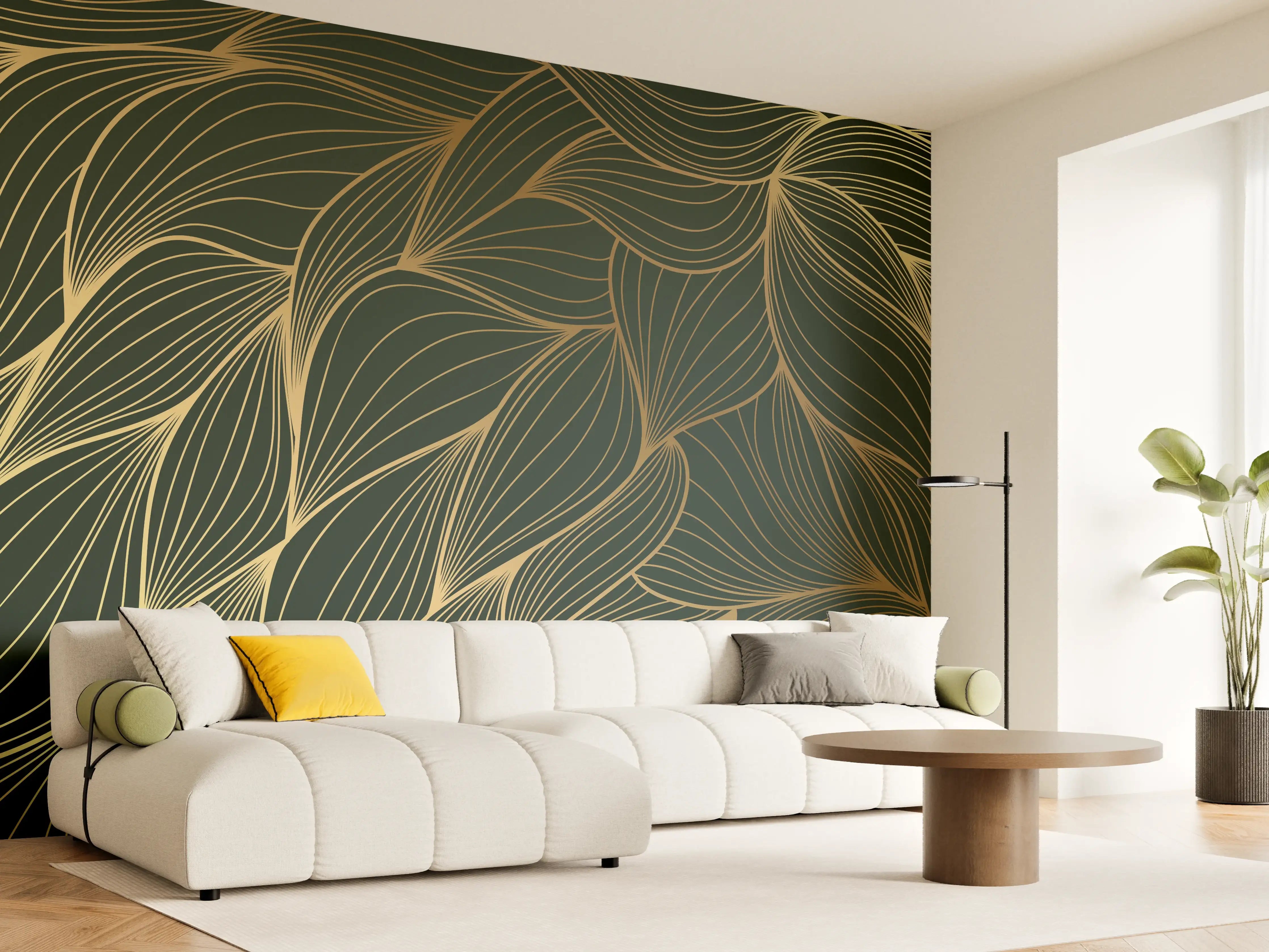 Wandverkleidung Wohnzimmer - Abstrakte Gold-Grün-Wellenmuster
