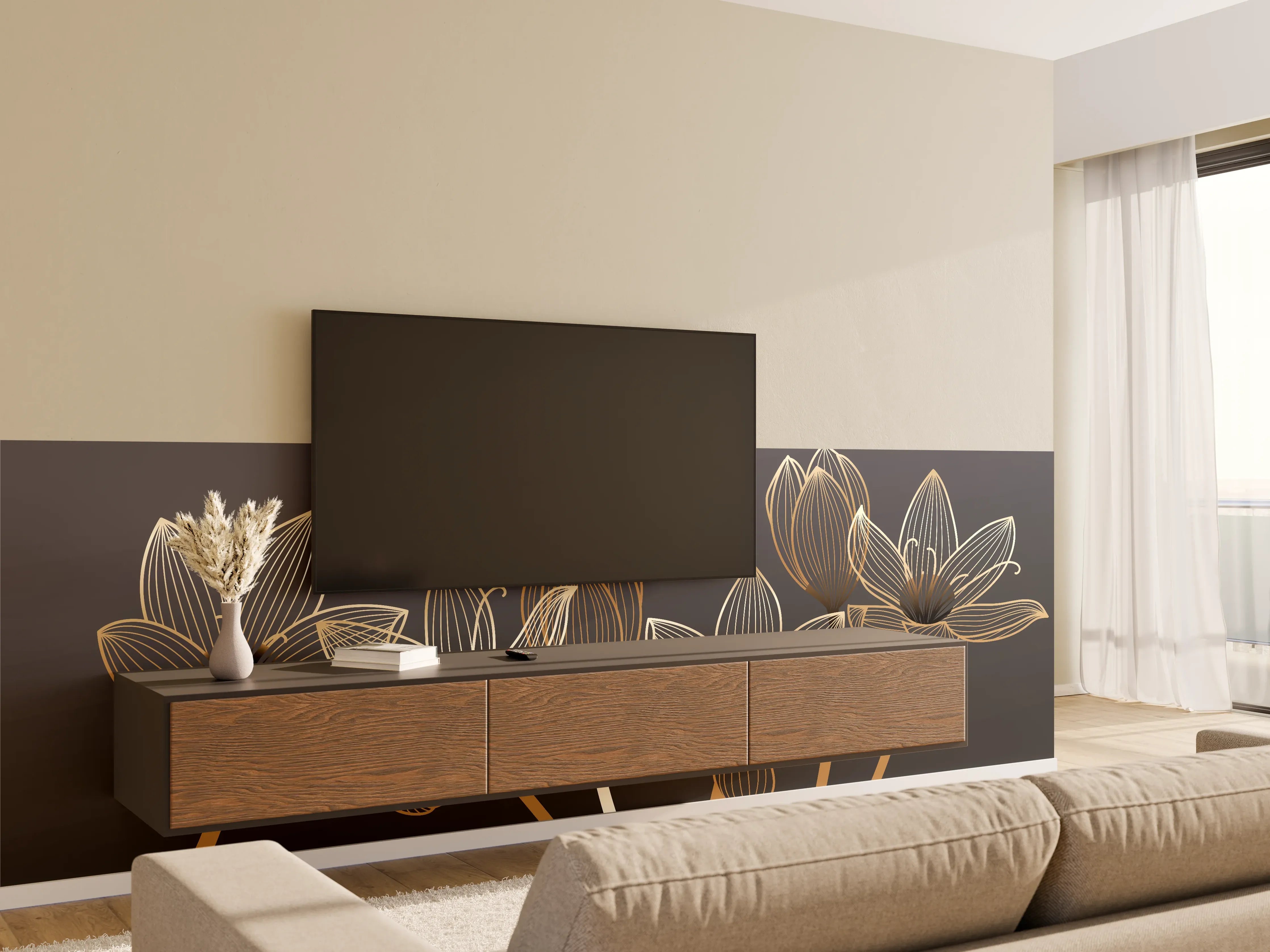 Wandverkleidung Wohnzimmer - Abstrakte Gold-Schwarz Blumen Linienart