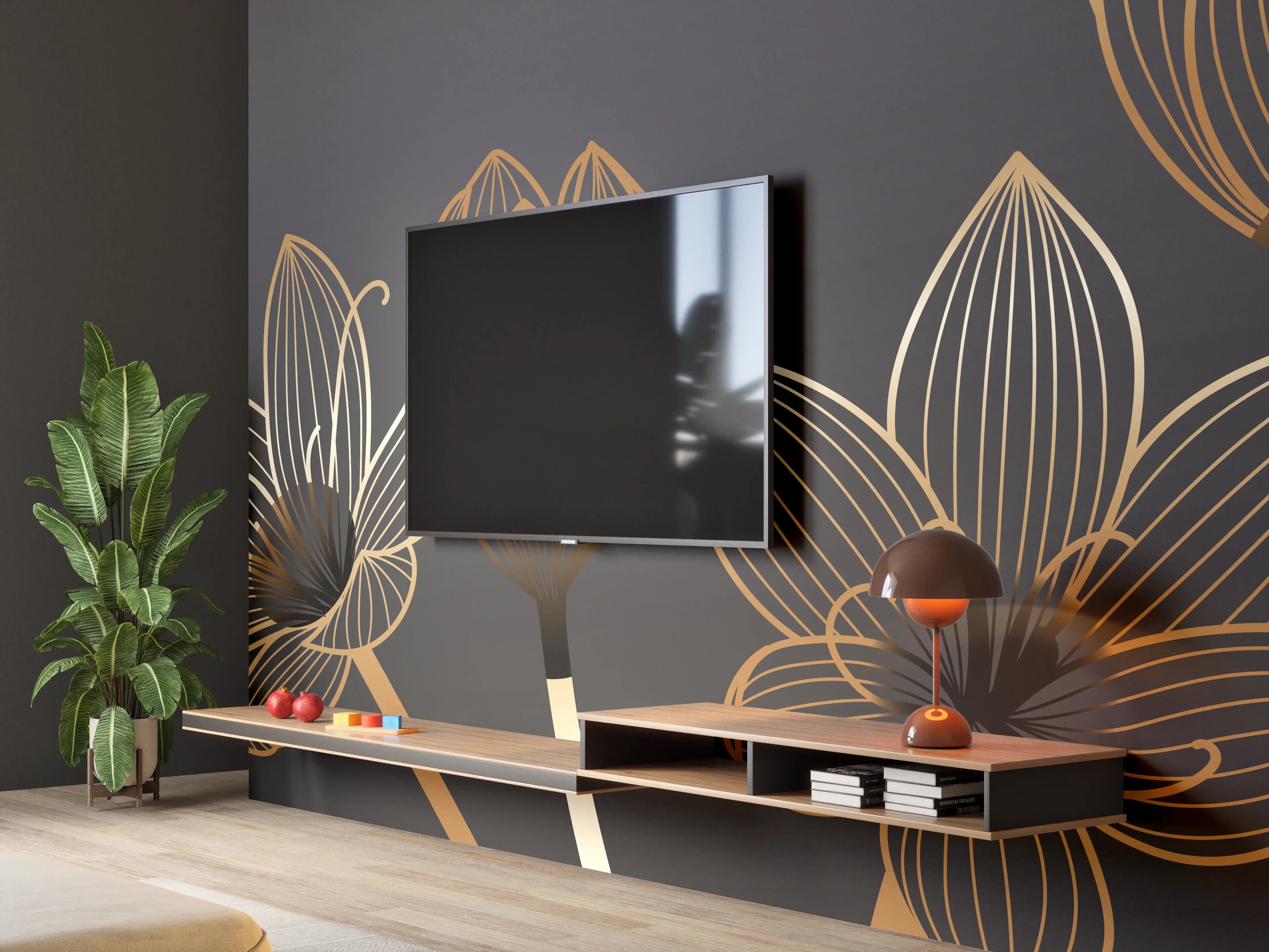 Wandverkleidung Wohnzimmer - Abstrakte Gold-Schwarz Blumen Linienart