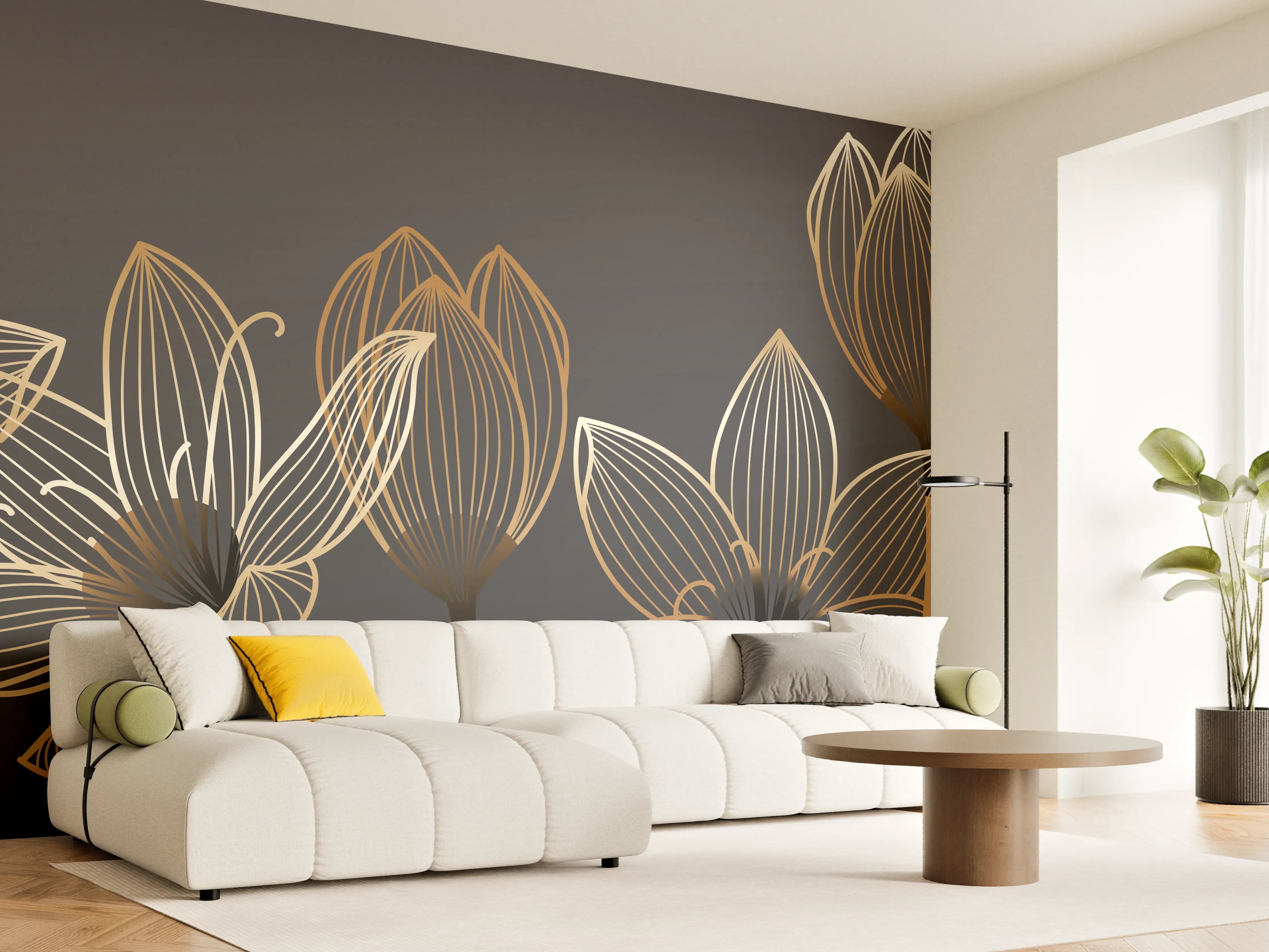 Wandverkleidung Wohnzimmer - Abstrakte Gold-Schwarz Blumen Linienart