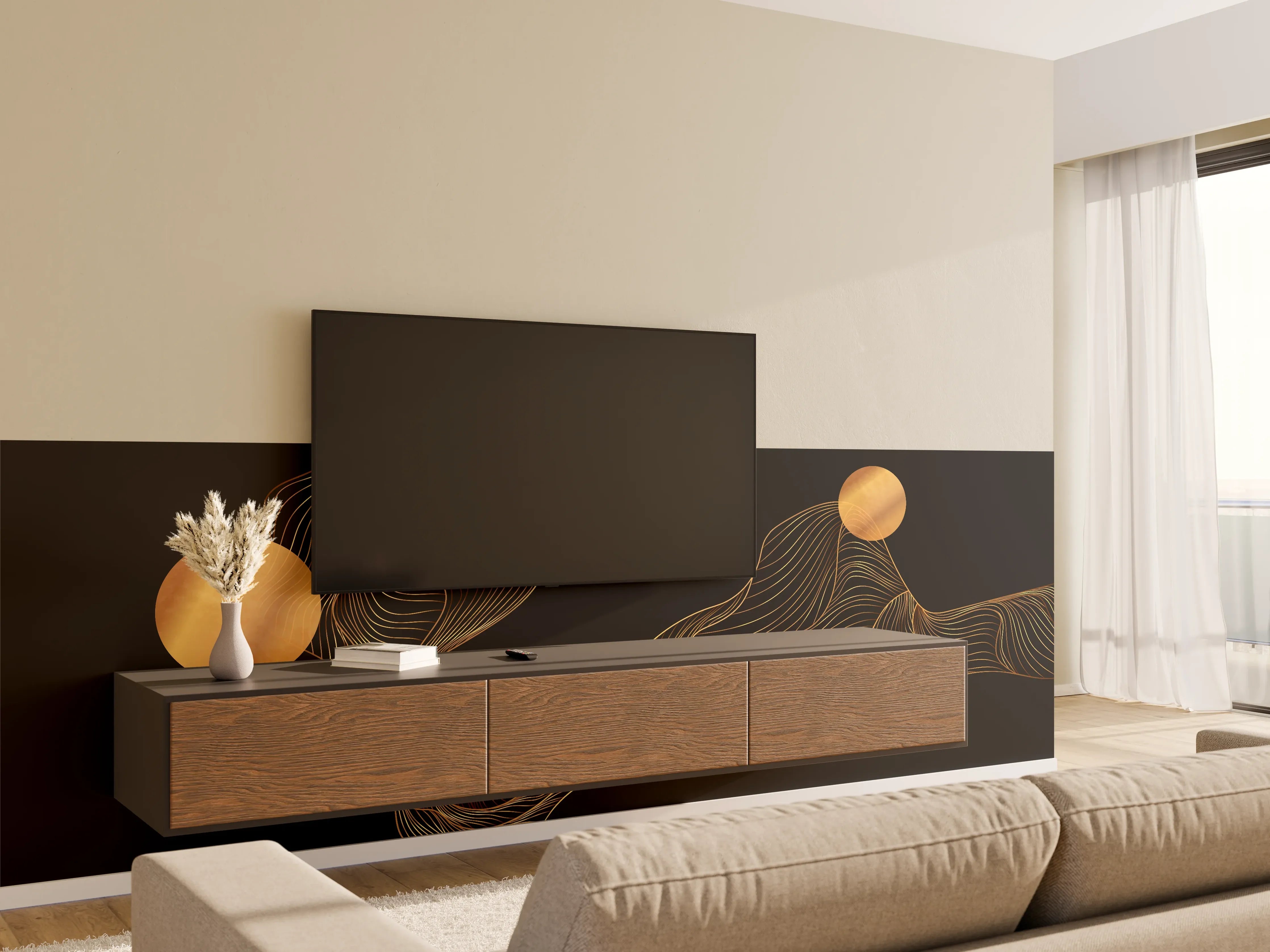 Wandverkleidung Wohnzimmer - Abstrakte Gold-Schwarz Linienkunst