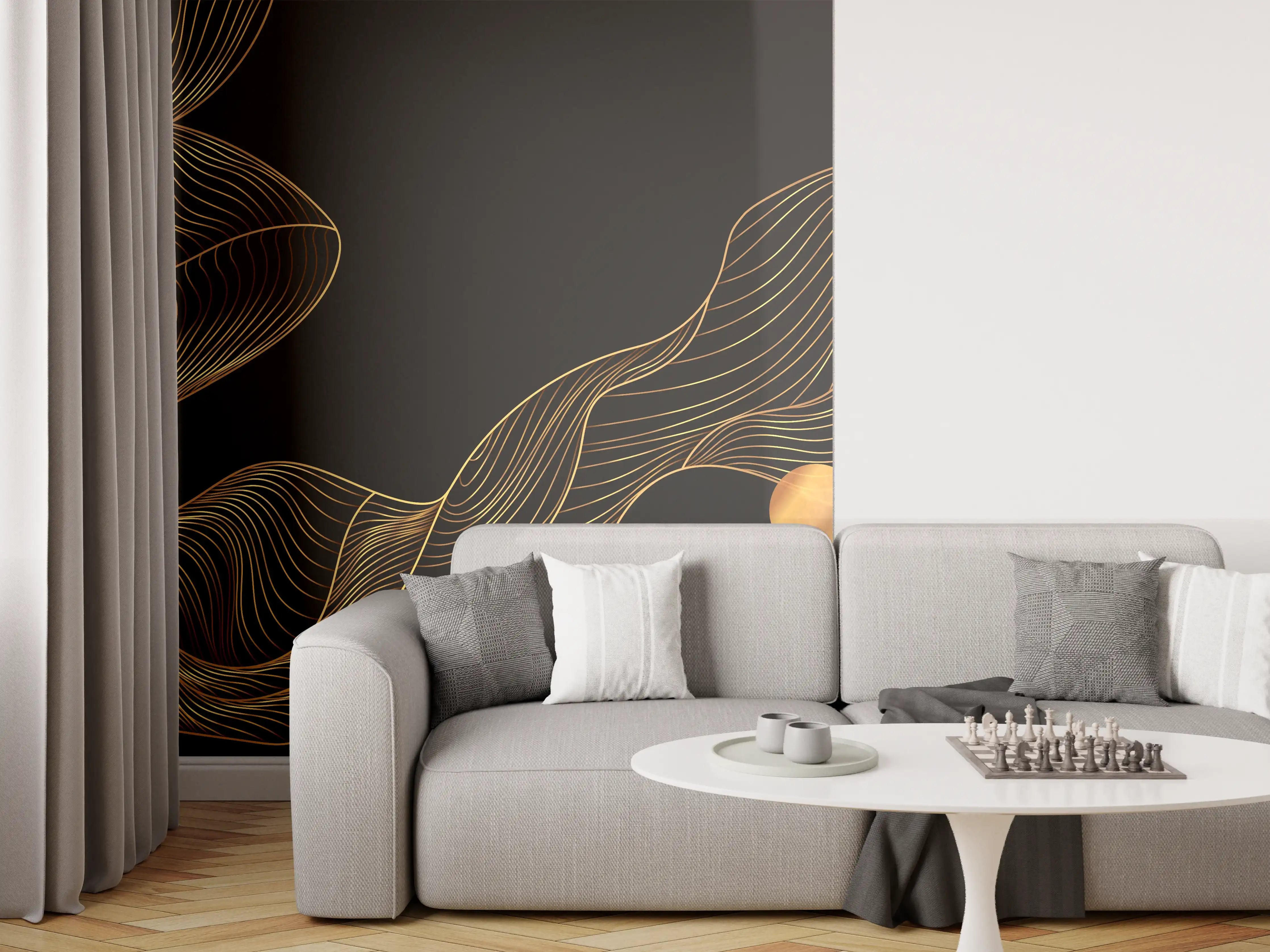 Wandverkleidung Wohnzimmer - Abstrakte Gold-Schwarz Linienkunst