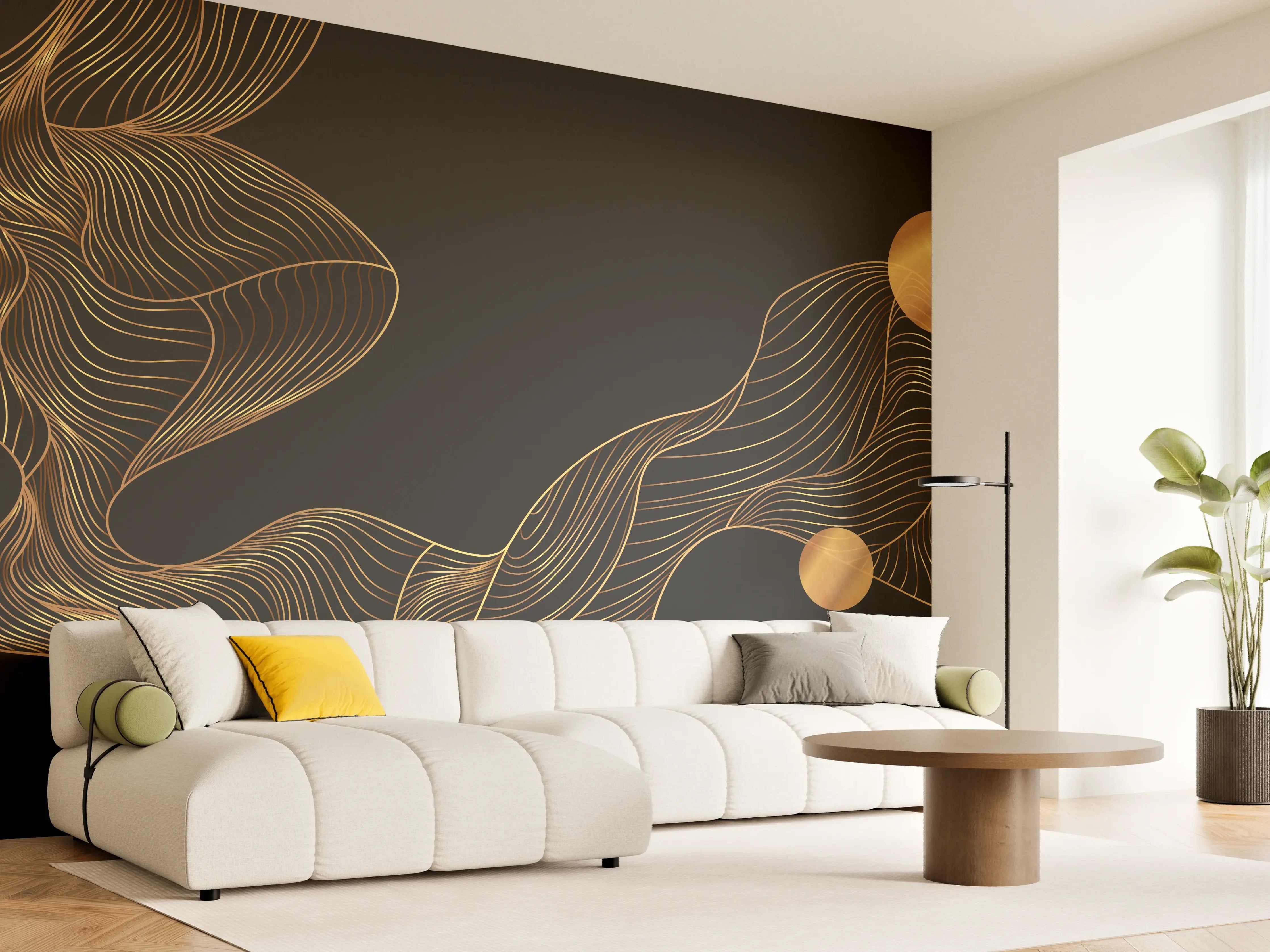 Wandverkleidung Wohnzimmer - Abstrakte Gold-Schwarz Linienkunst