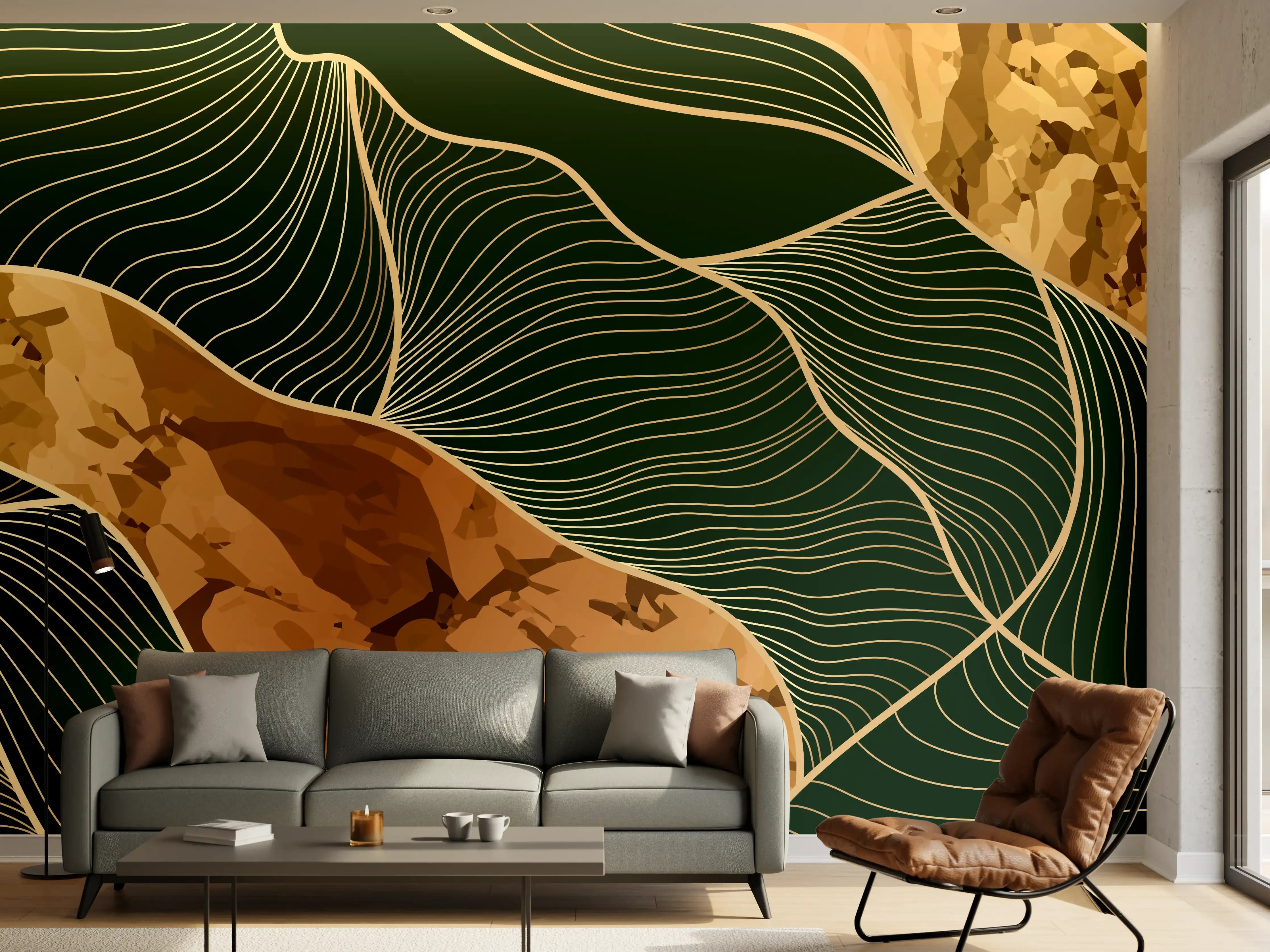 Wandverkleidung Wohnzimmer - Abstrakte Goldbraun-Linien Kunst