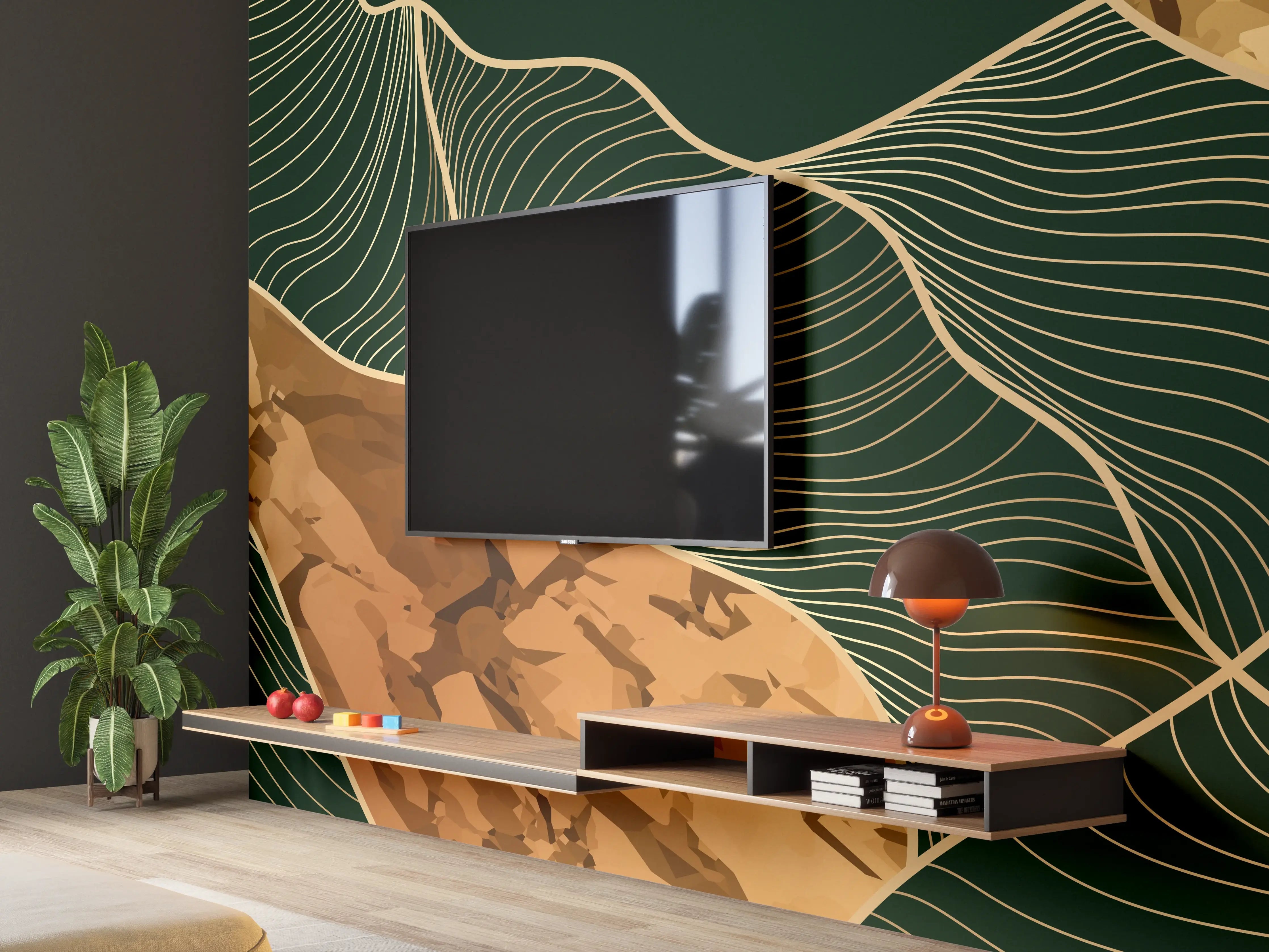 Wandverkleidung Wohnzimmer - Abstrakte Goldbraun-Linien Kunst