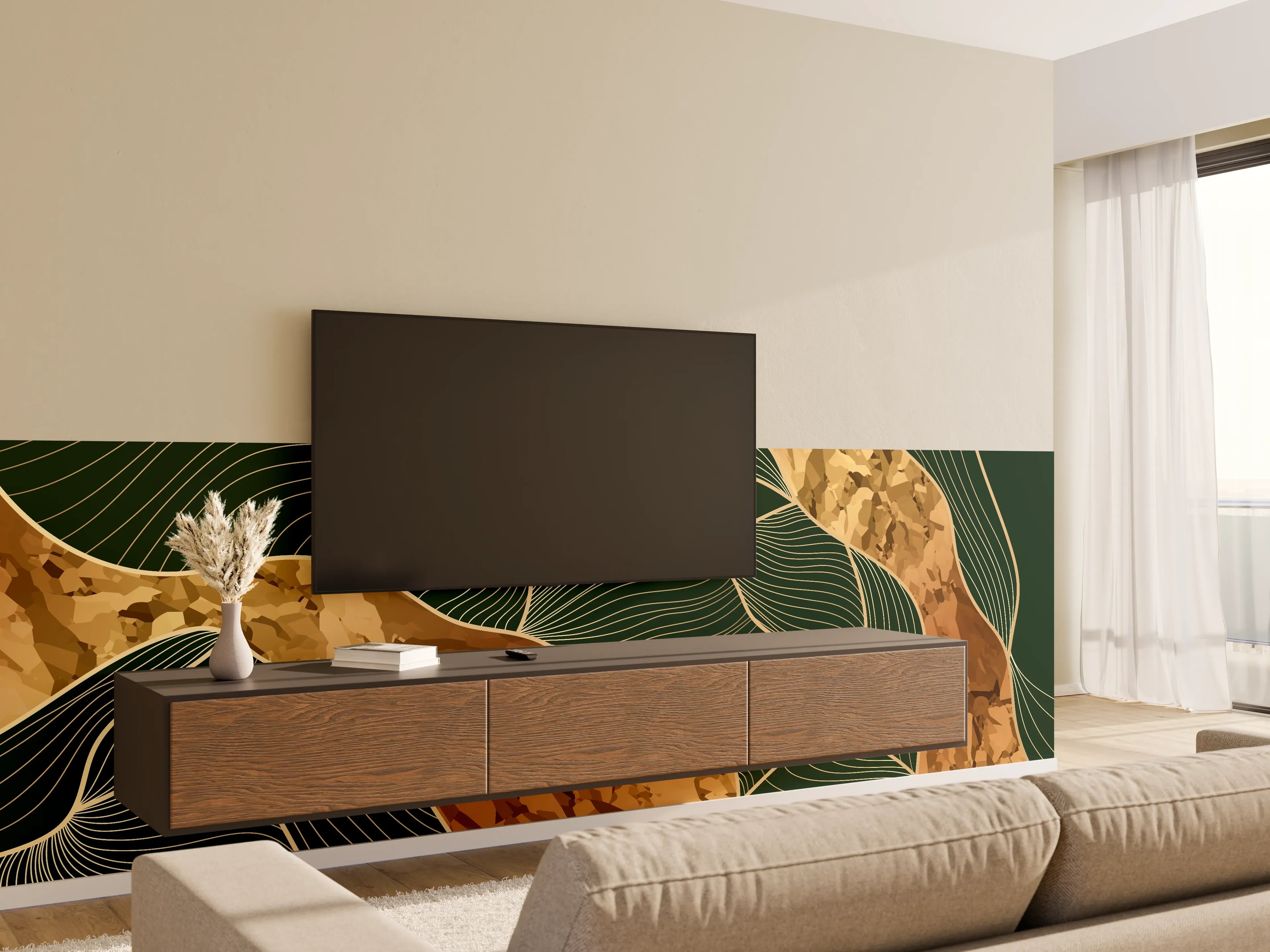 Wandverkleidung Wohnzimmer - Abstrakte Goldgrün Konturlinien