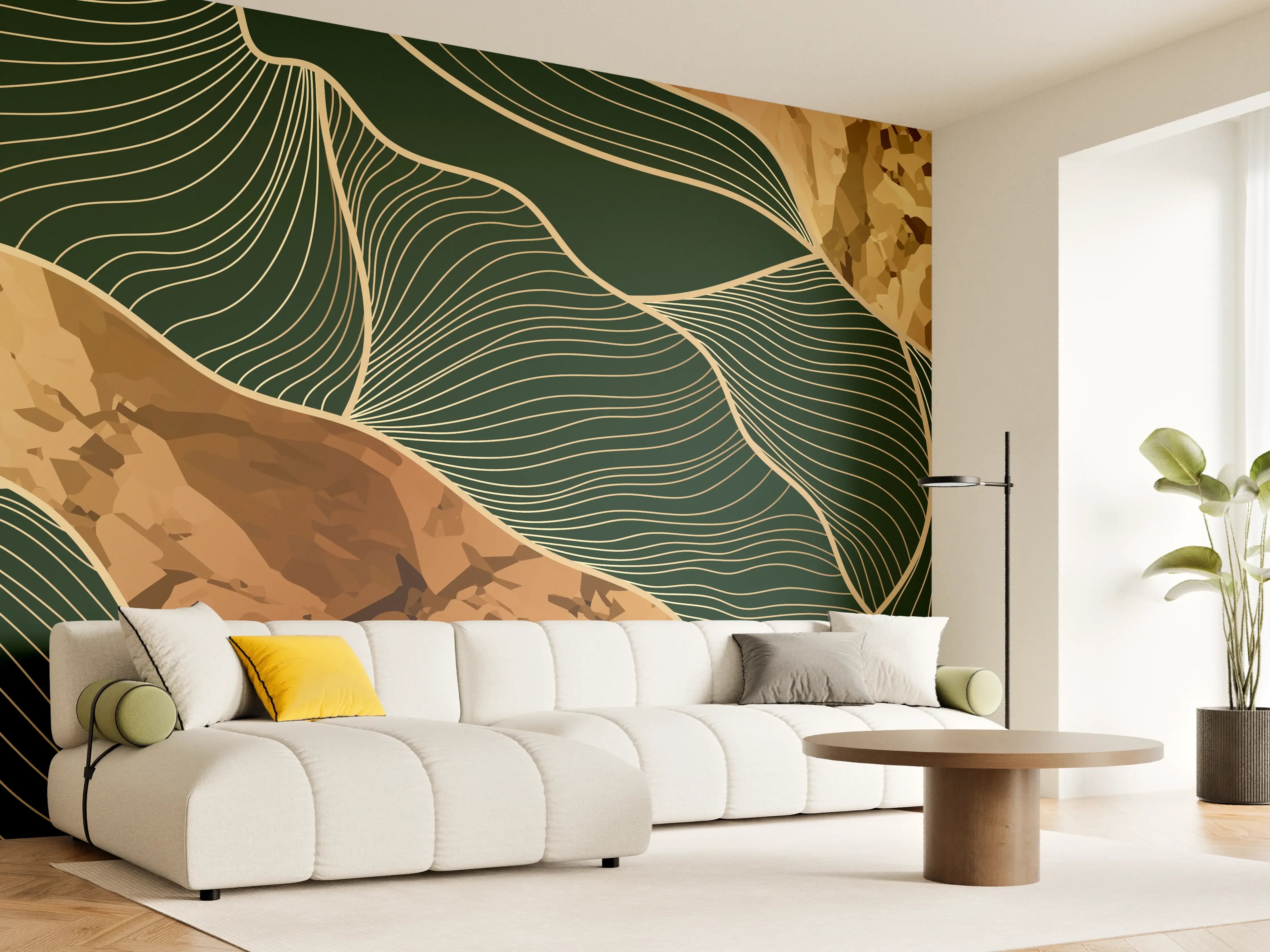 Wandverkleidung Wohnzimmer - Abstrakte Goldgrün Konturlinien
