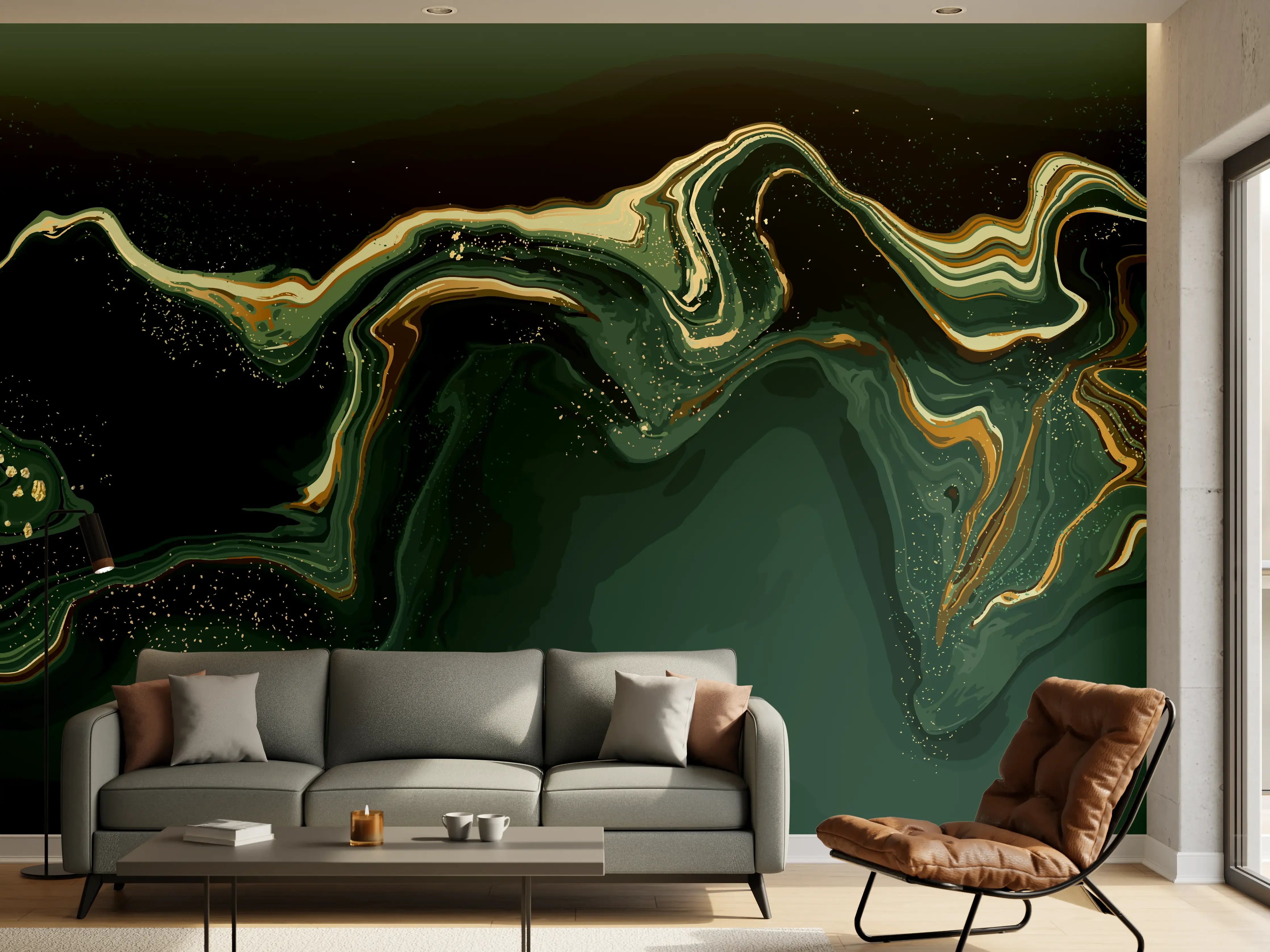 Wandverkleidung Wohnzimmer - Abstrakte Grün-Gold Muster-Leinwand