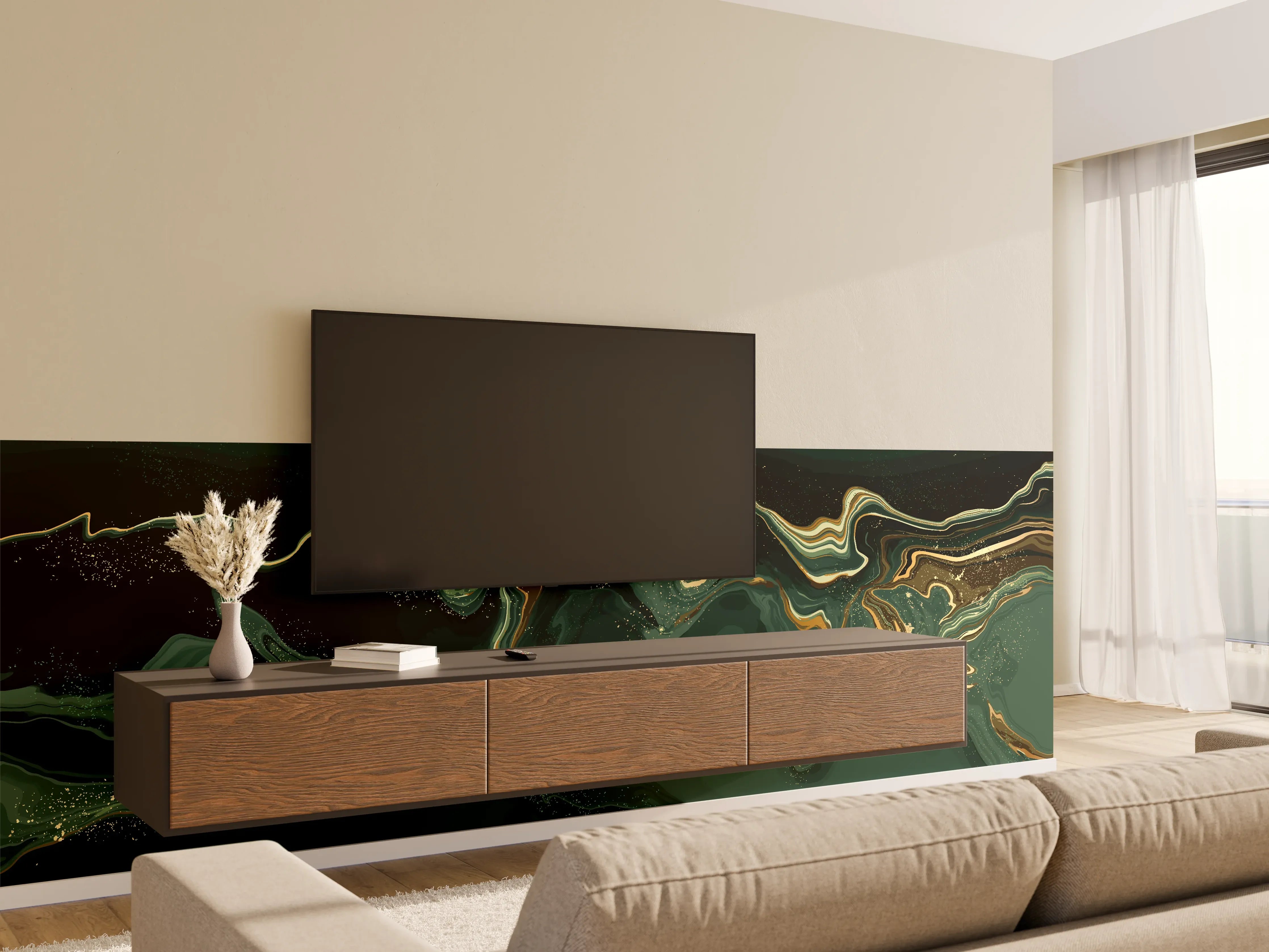 Wandverkleidung Wohnzimmer - Abstrakte Grün-Gold Muster-Leinwand