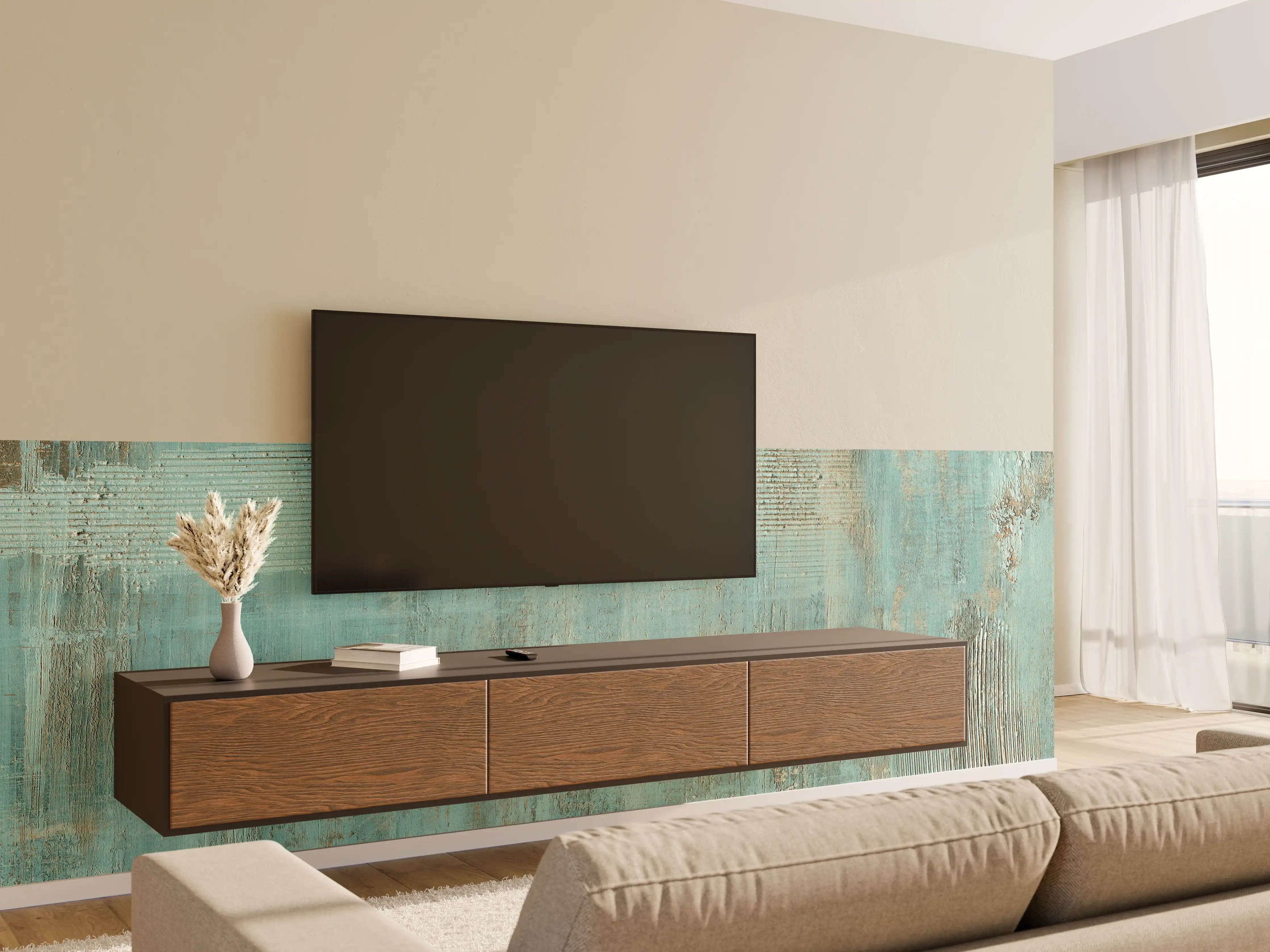 Wandverkleidung Wohnzimmer - Abstrakte Holzoptik in Türkis