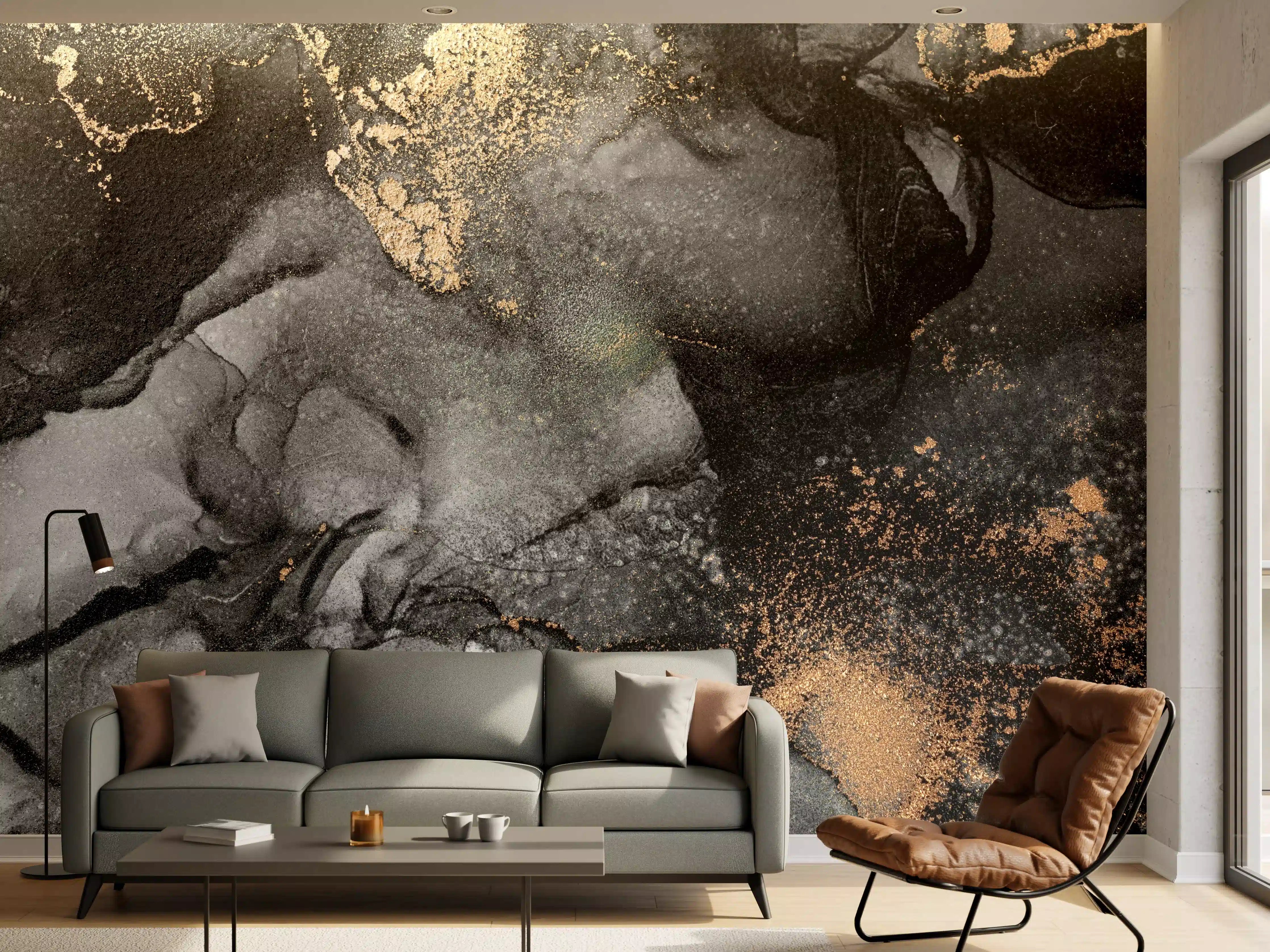 Wandverkleidung Wohnzimmer - Abstrakte Kunst in Schwarz, Grau und Gold