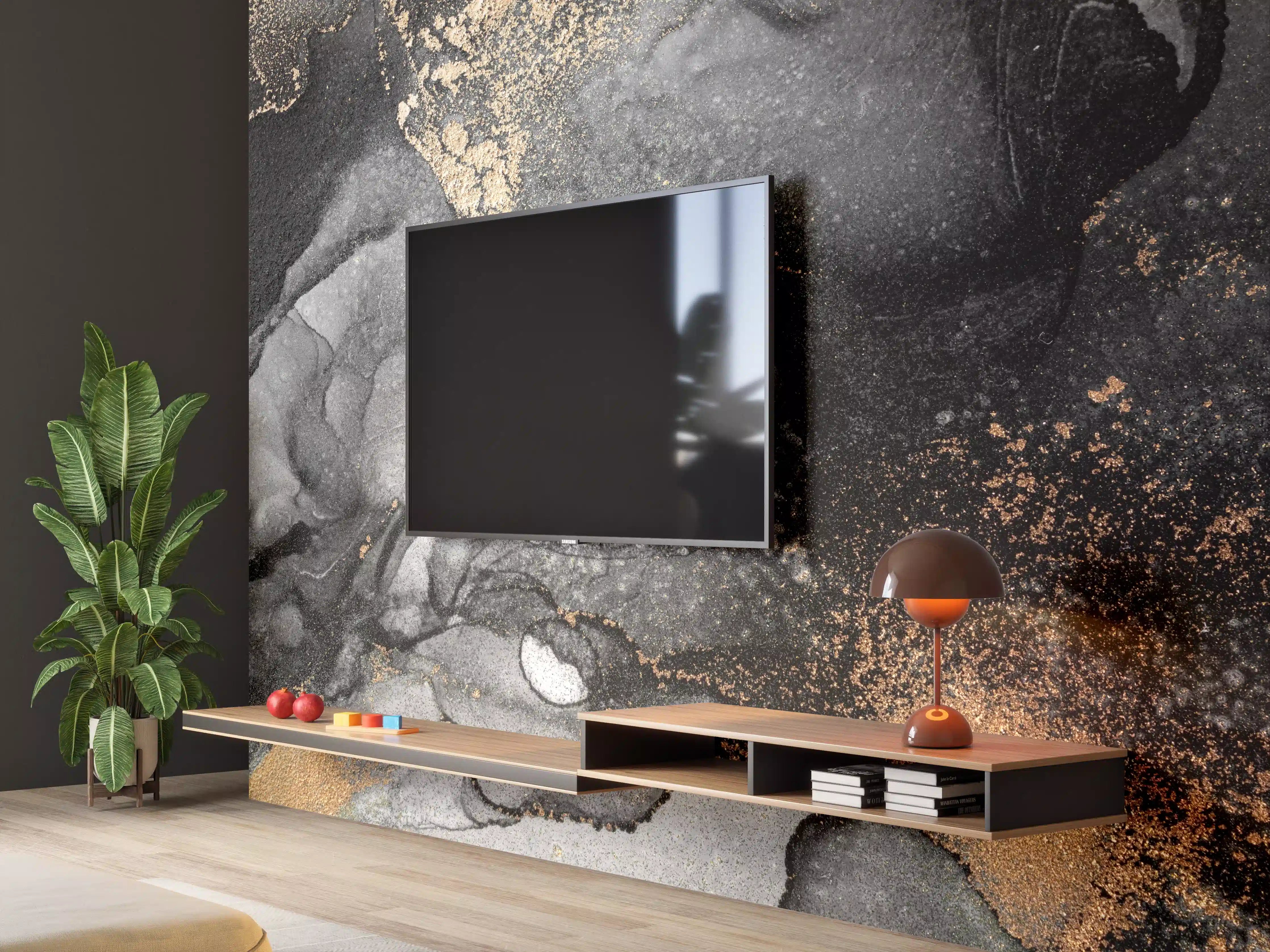 Wandverkleidung Wohnzimmer - Abstrakte Kunst in Schwarz, Grau und Gold