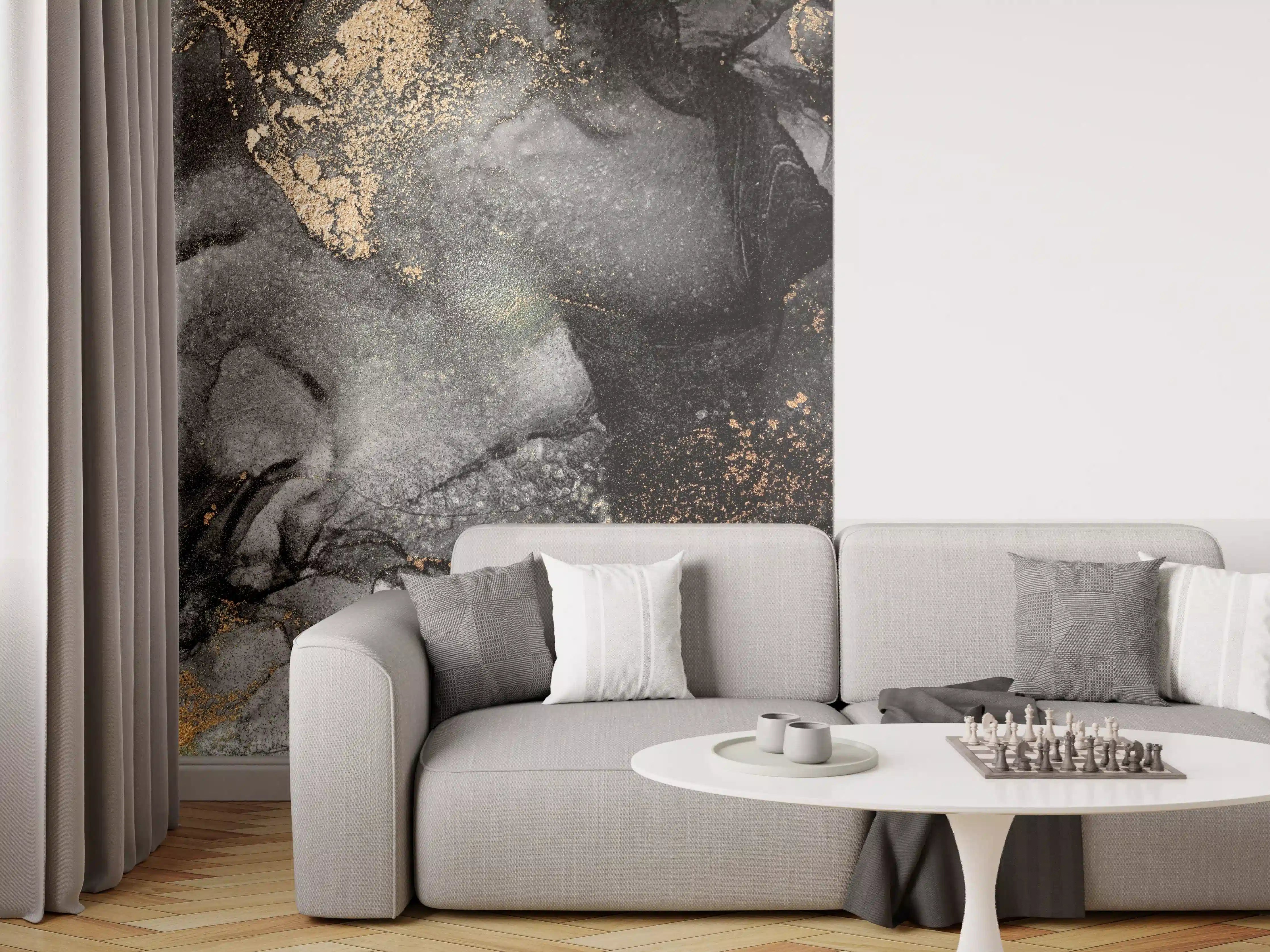 Wandverkleidung Wohnzimmer - Abstrakte Kunst in Schwarz, Grau und Gold