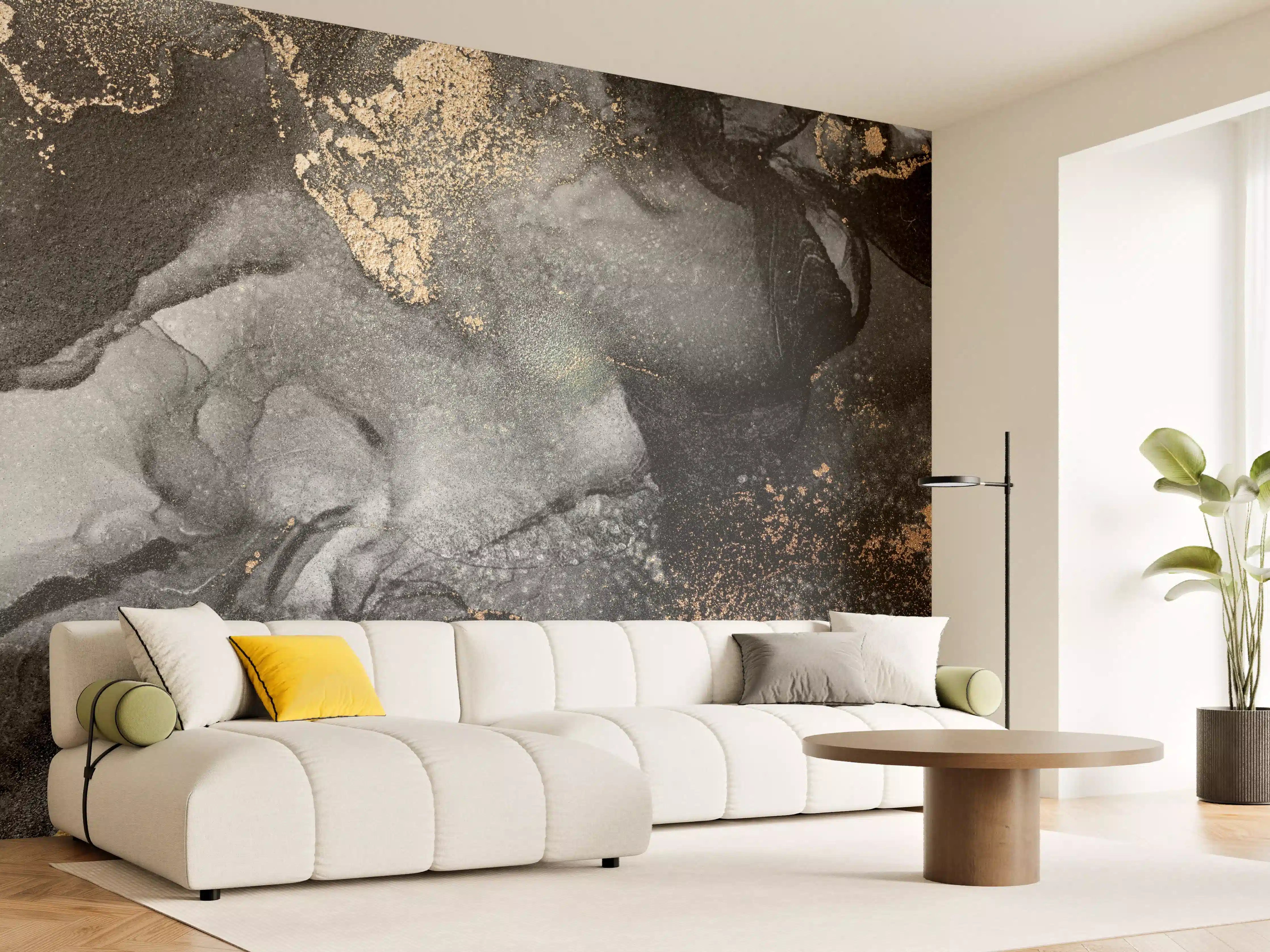 Wandverkleidung Wohnzimmer - Abstrakte Kunst in Schwarz, Grau und Gold