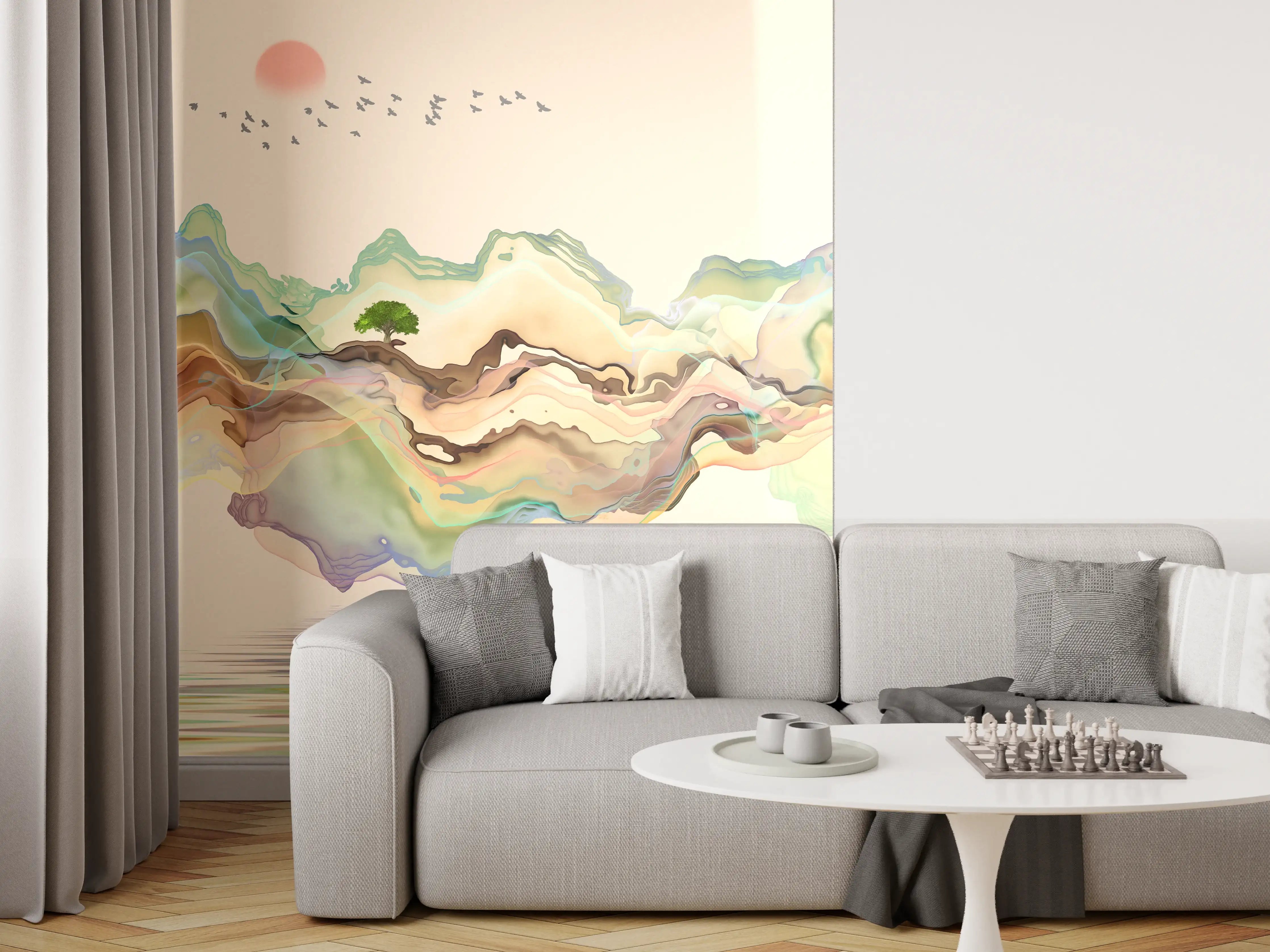 Wandverkleidung Wohnzimmer - Abstrakte Landschafts Illustration