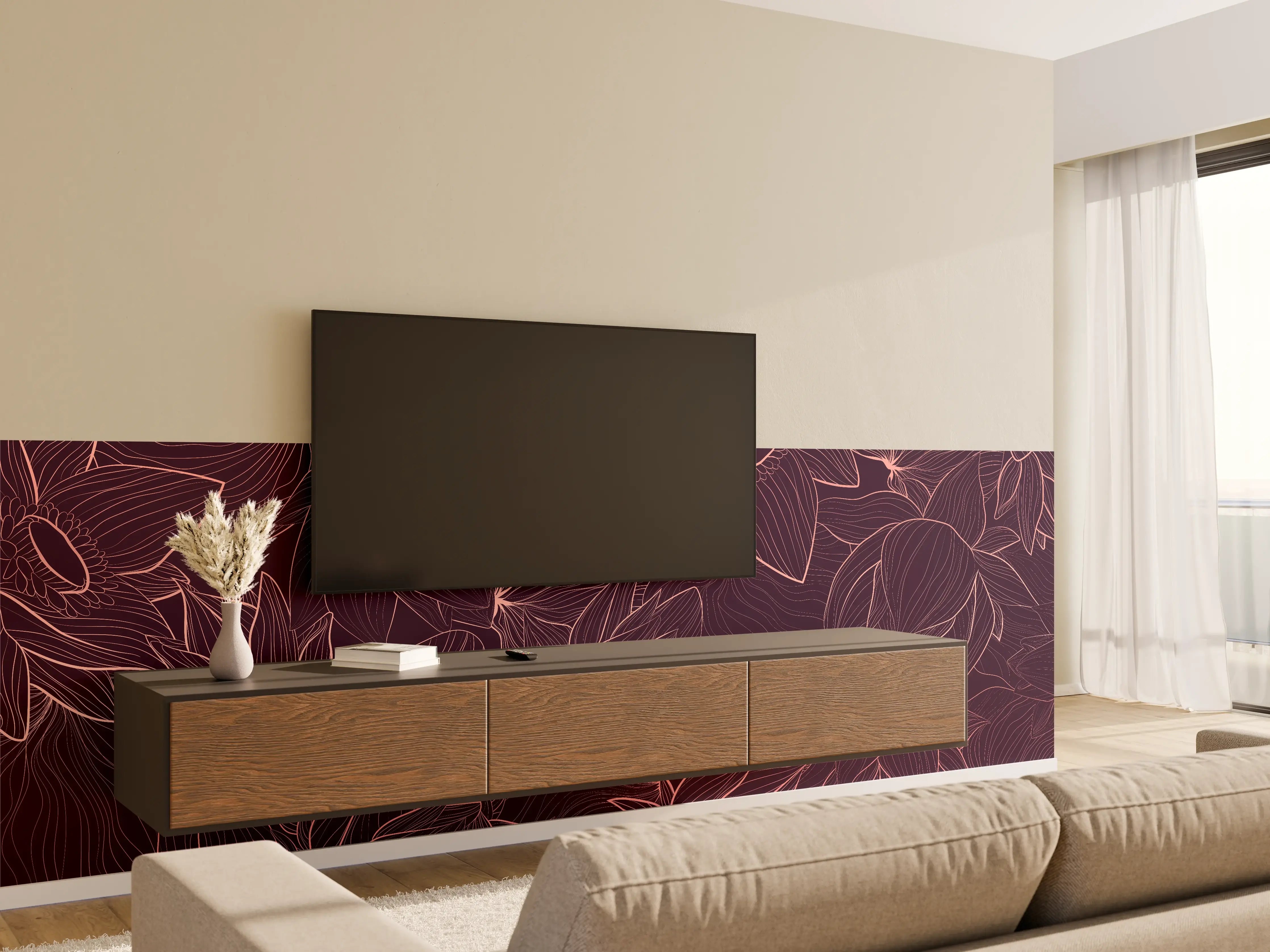 Wandverkleidung Wohnzimmer - Abstrakte Lila Blumenlinien