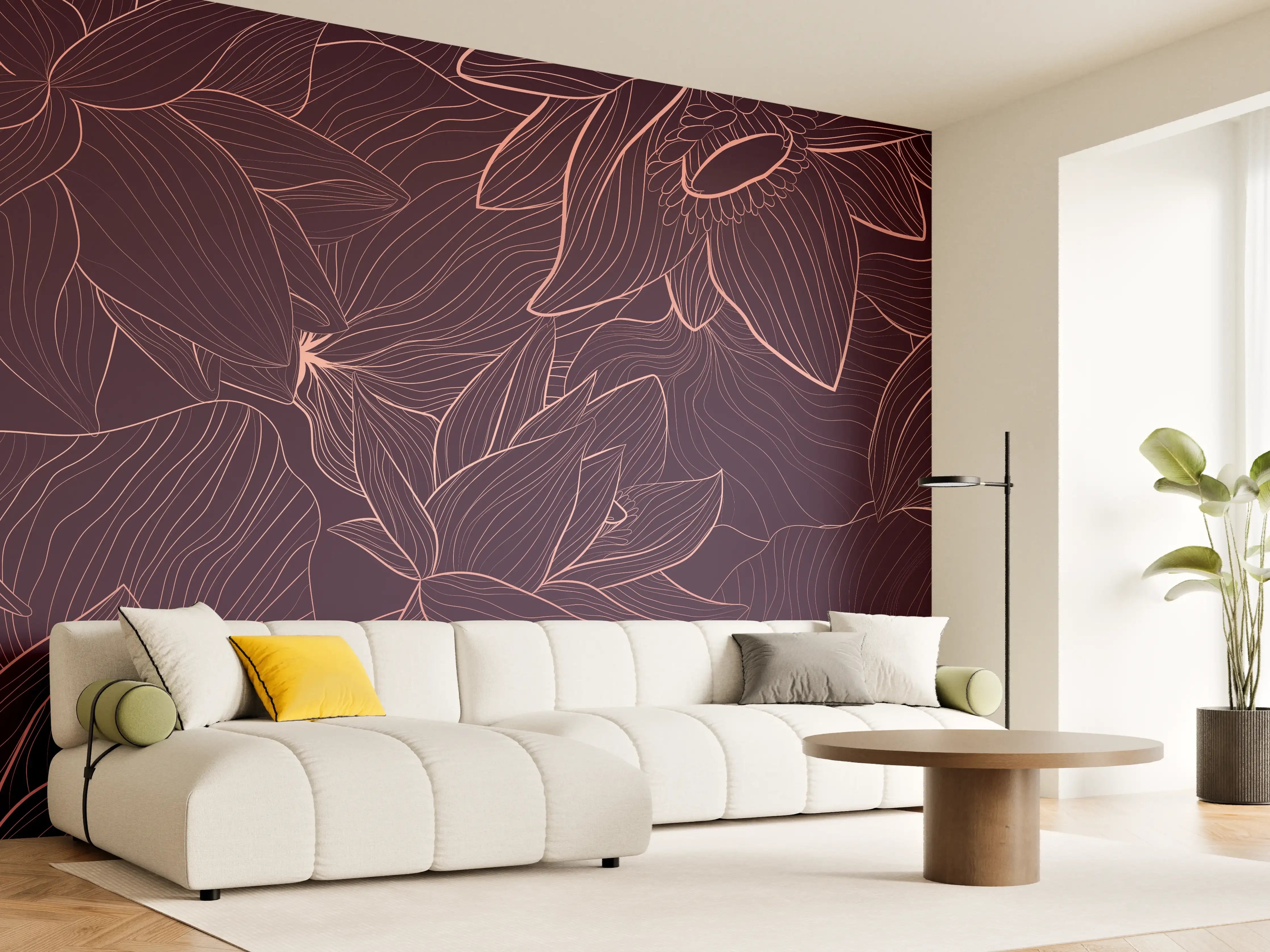 Wandverkleidung Wohnzimmer - Abstrakte Lila Blumenlinien