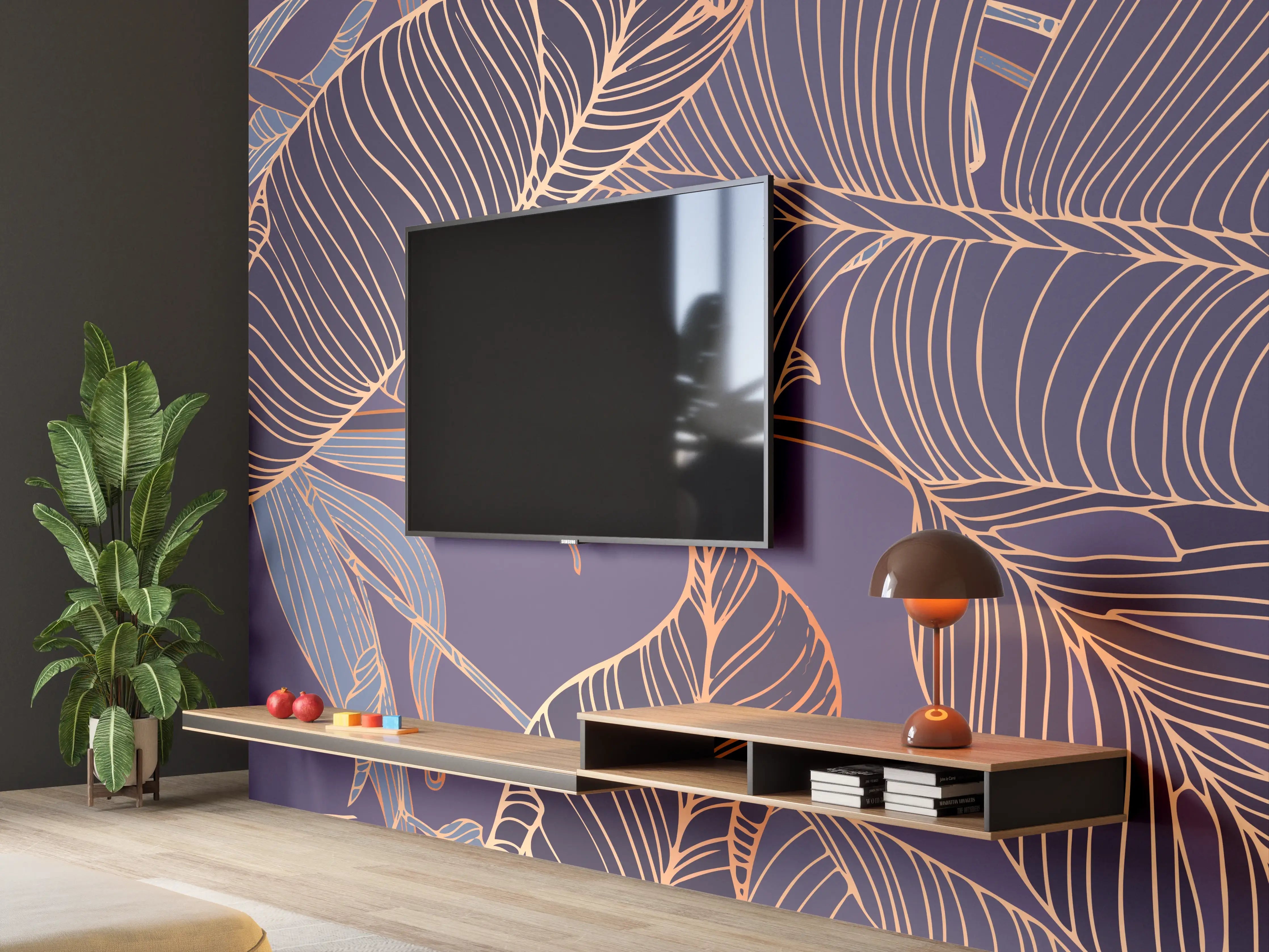 Wandverkleidung Wohnzimmer - Abstrakte Lila-Goldene Blattmuster