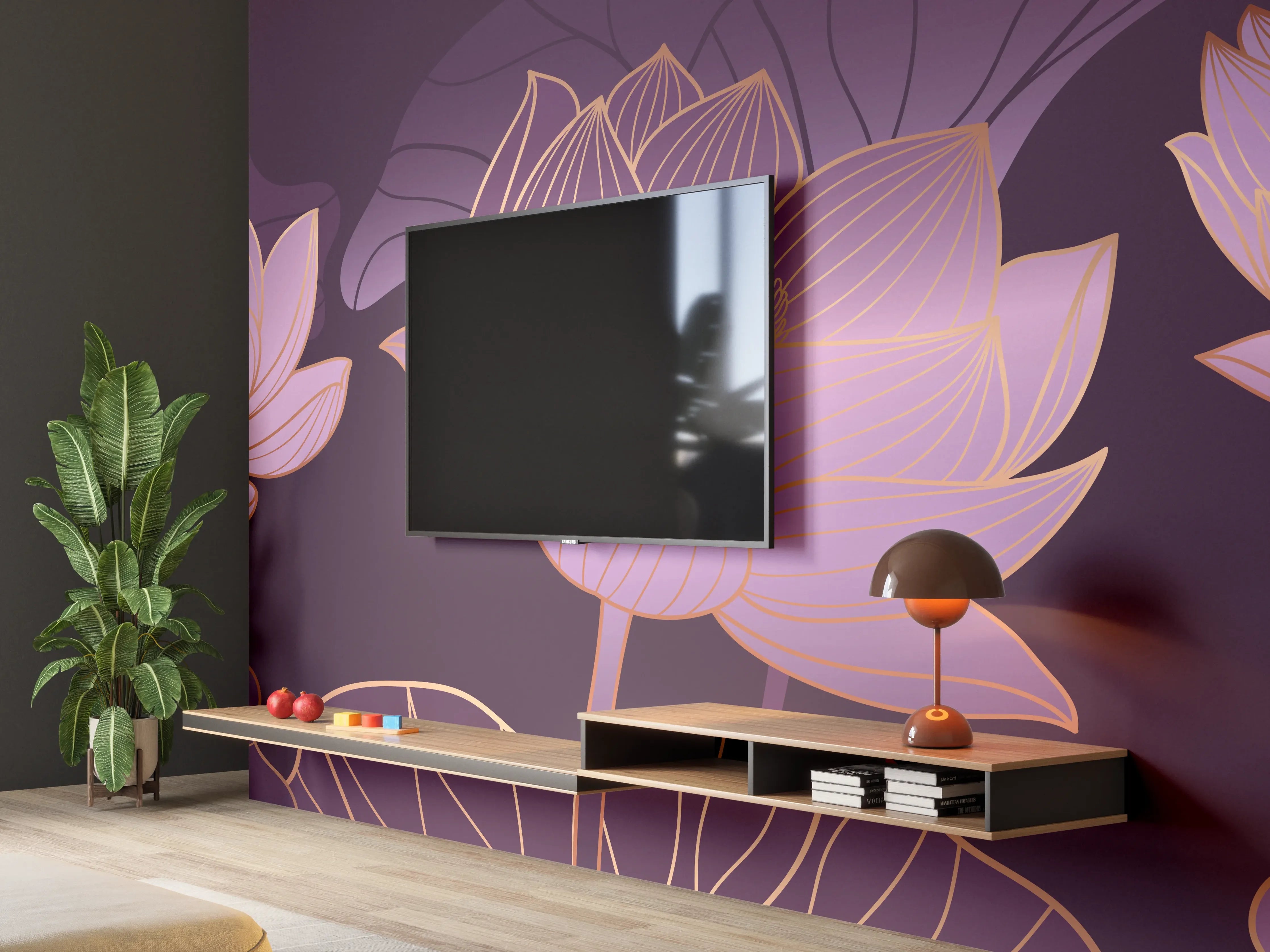 Wandverkleidung Wohnzimmer - Abstrakte Lila Lotus Illustration