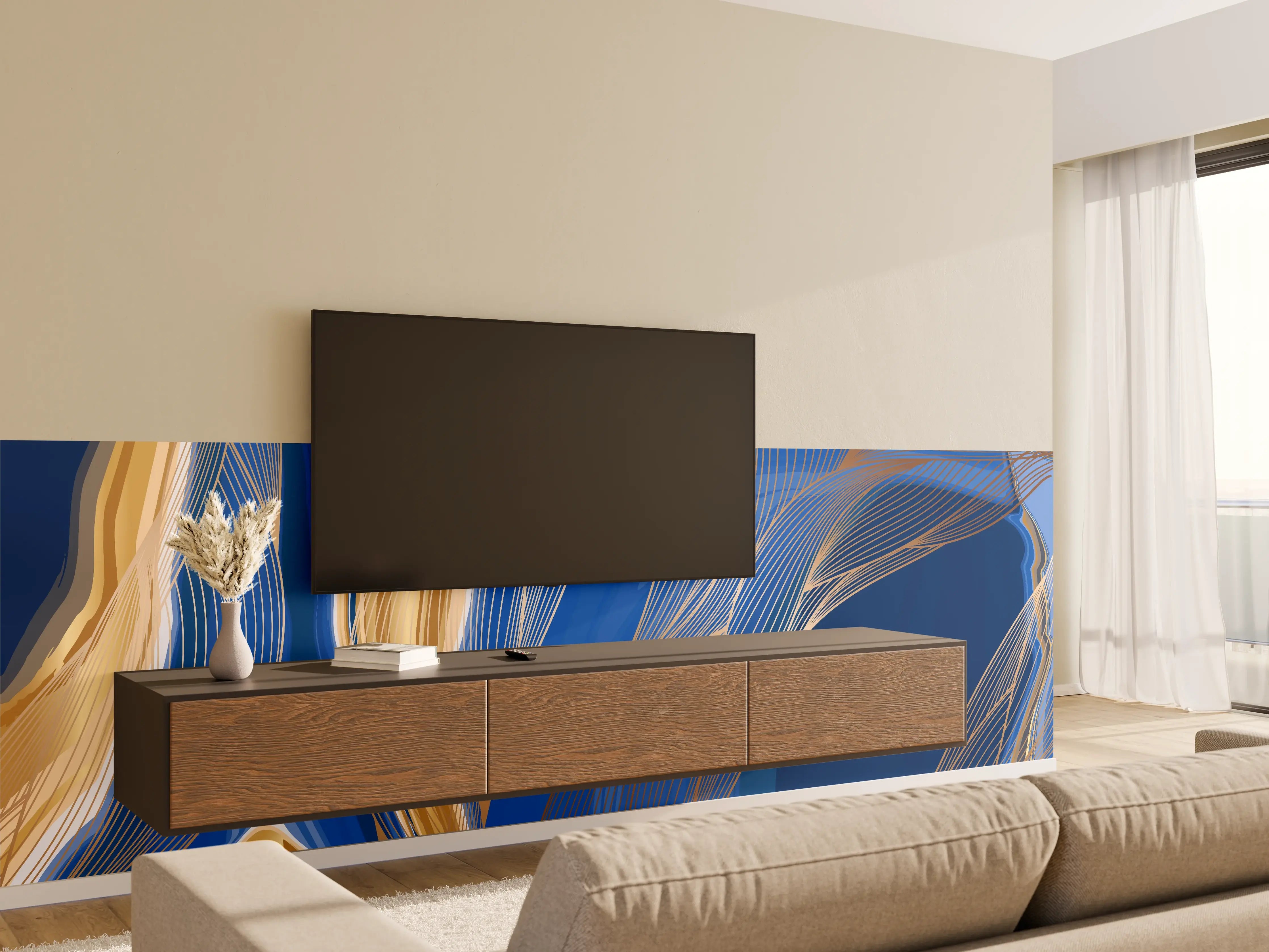 Wandverkleidung Wohnzimmer - Abstrakte Linienkunst in Blau-Gold