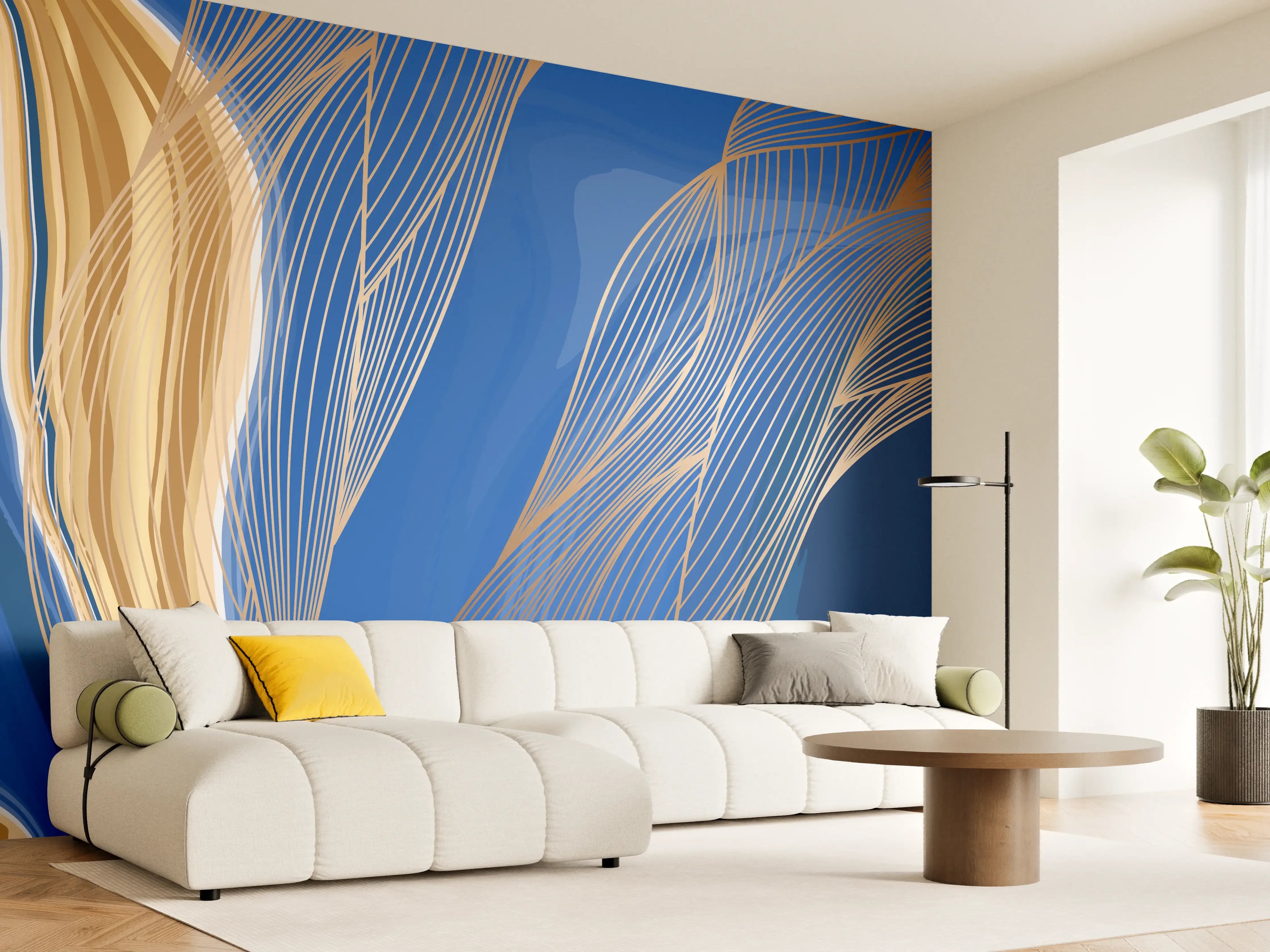 Wandverkleidung Wohnzimmer - Abstrakte Linienkunst in Blau-Gold