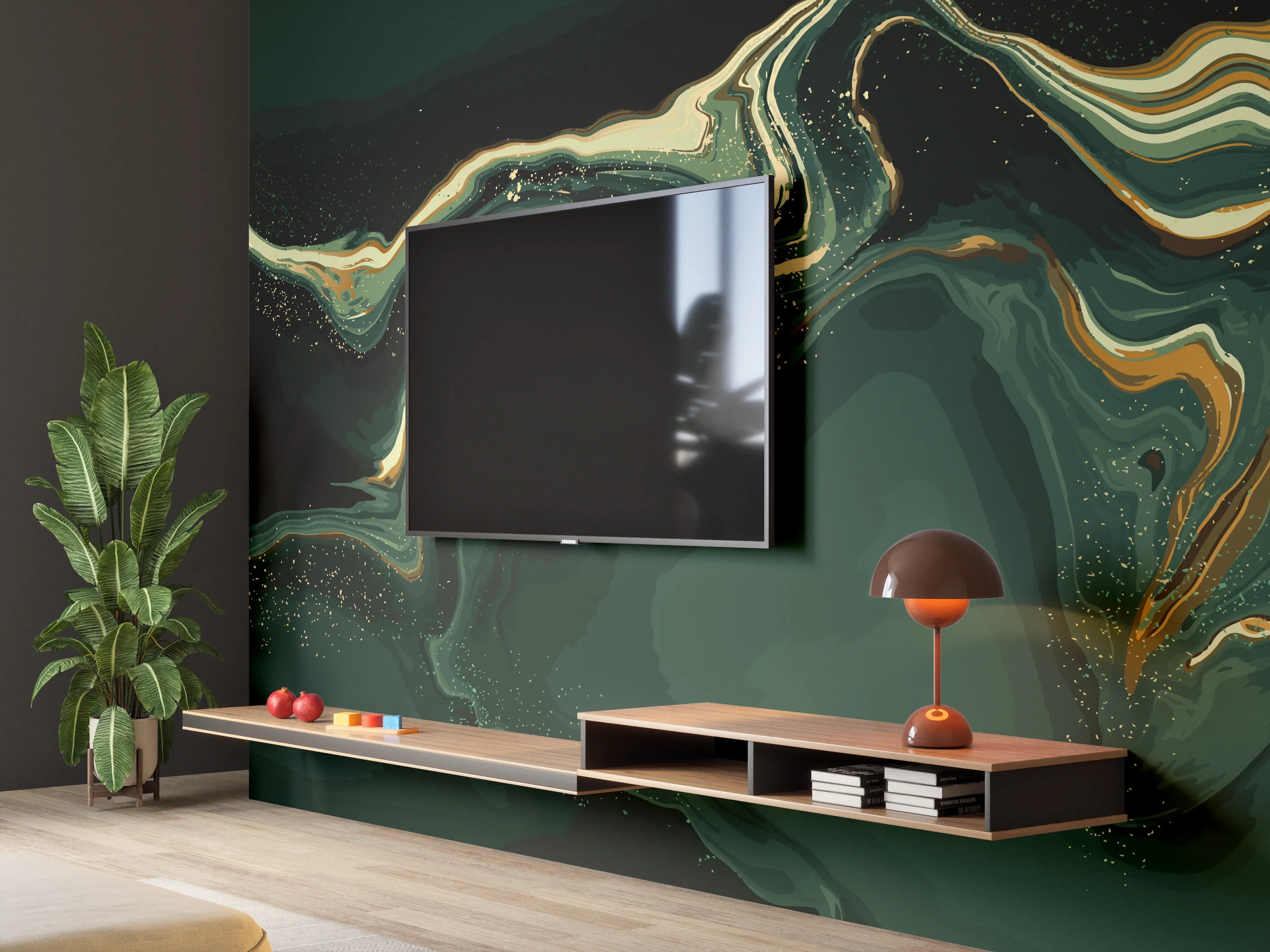Wandverkleidung Wohnzimmer - Abstrakte Marmortextur in Goldgrün