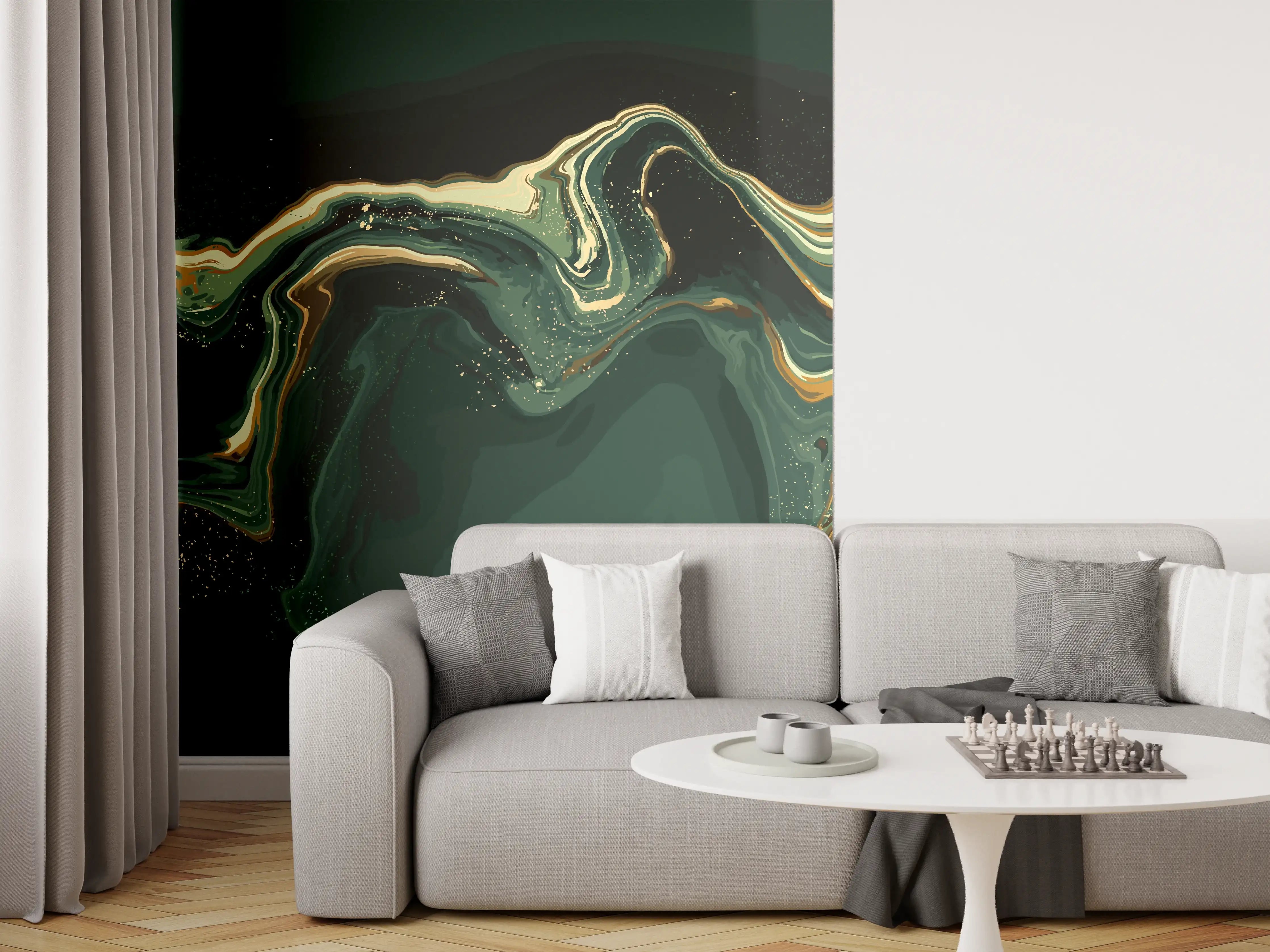 Wandverkleidung Wohnzimmer - Abstrakte Marmortextur in Goldgrün