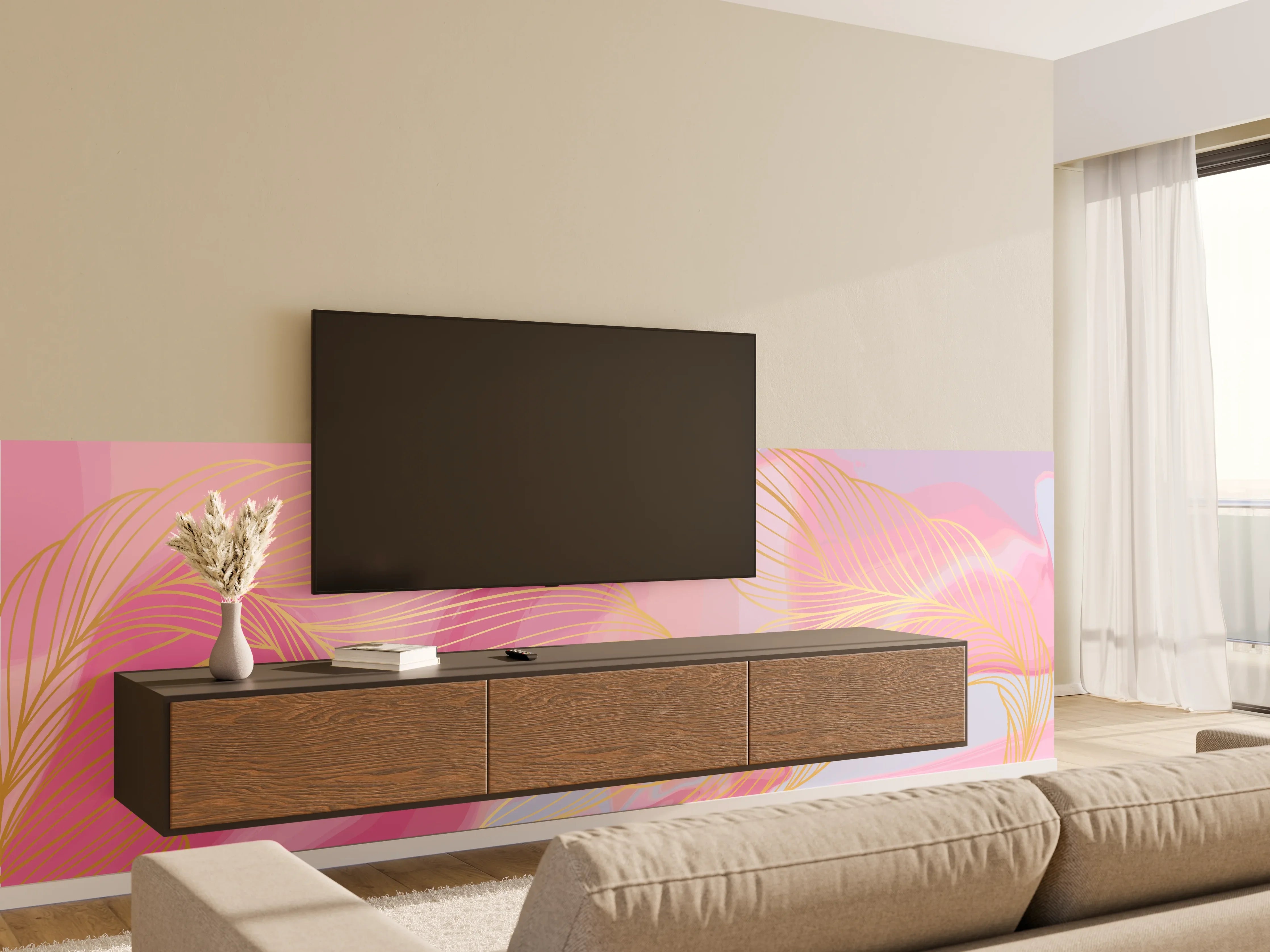 Wandverkleidung Wohnzimmer - Abstrakte Rosa Wellen Kunst