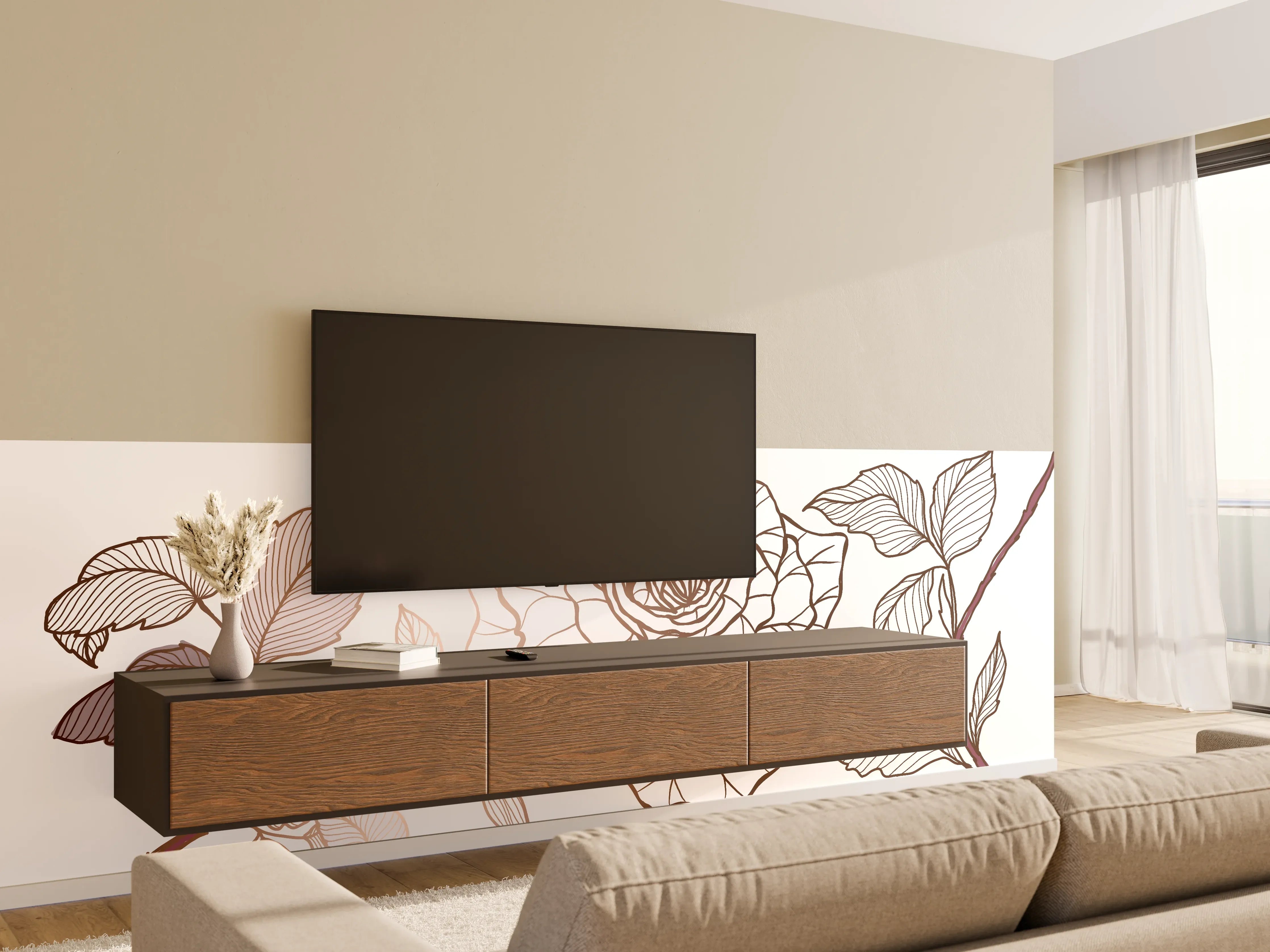 Wandverkleidung Wohnzimmer - Abstrakte Rose in Sepia-Tönen