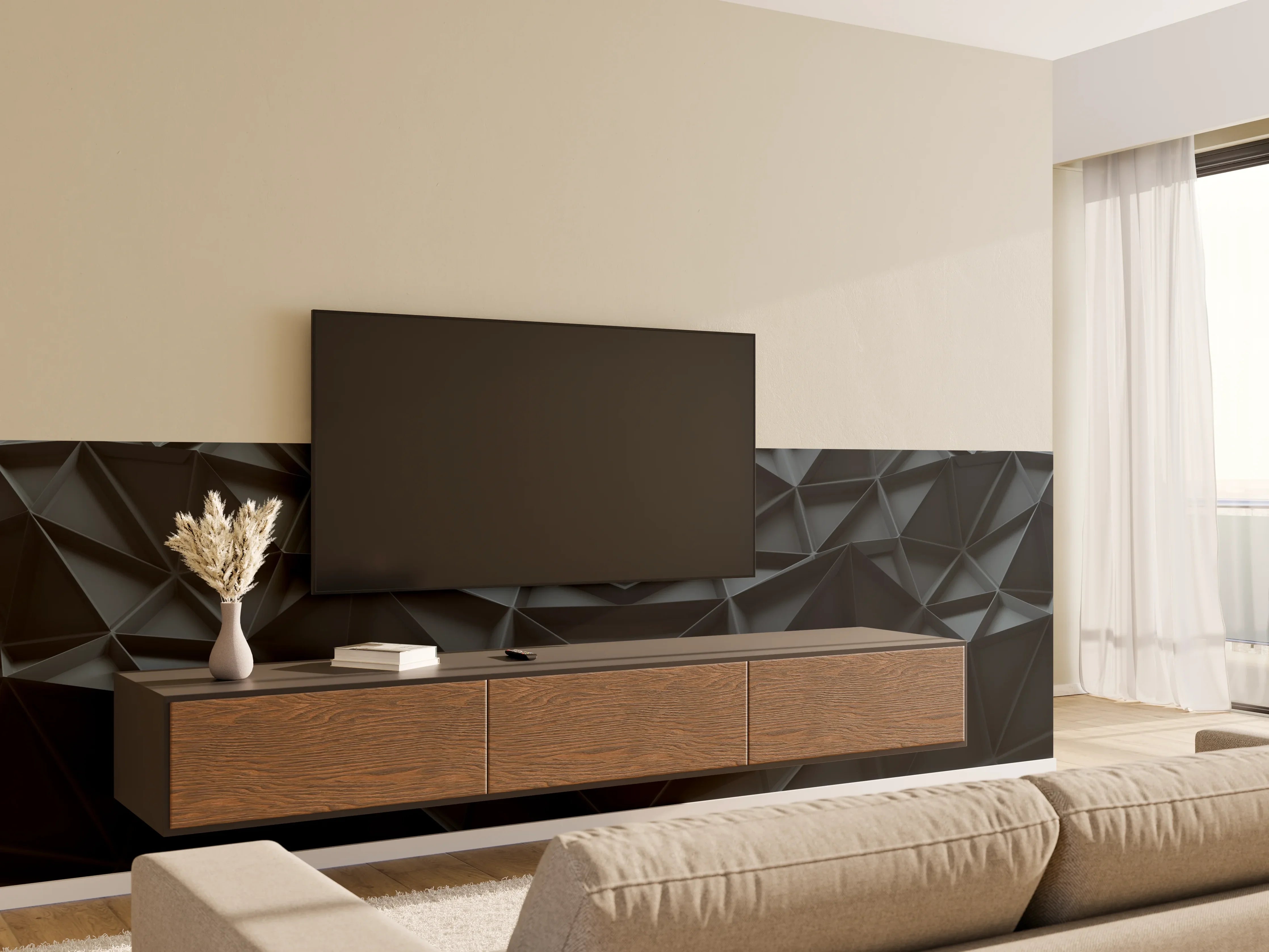Wandverkleidung Wohnzimmer - Abstrakte Schwarz-Grau Geometrie