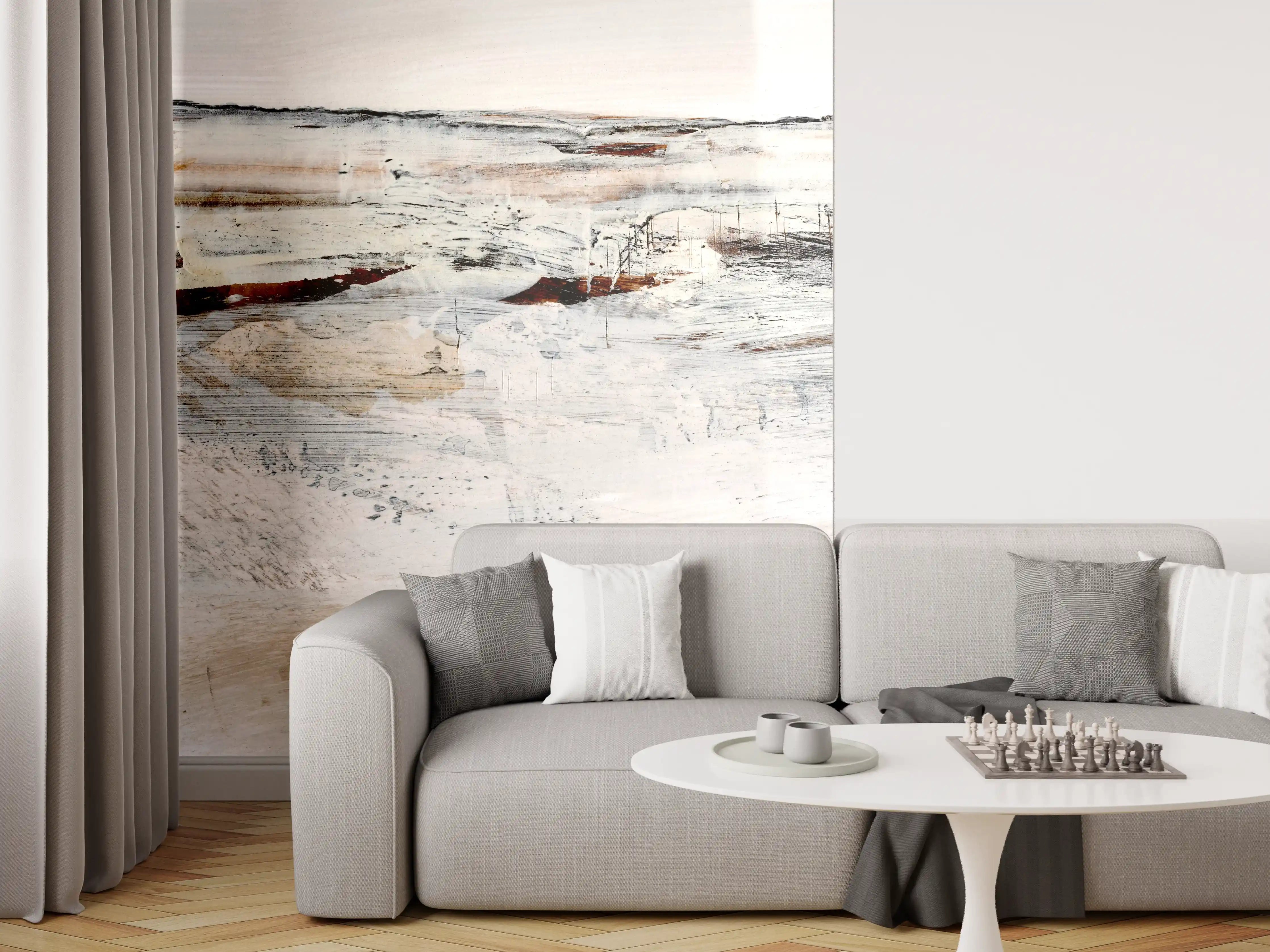 Wandverkleidung Wohnzimmer - Abstrakte Strandlandschaft in Neutraltönen