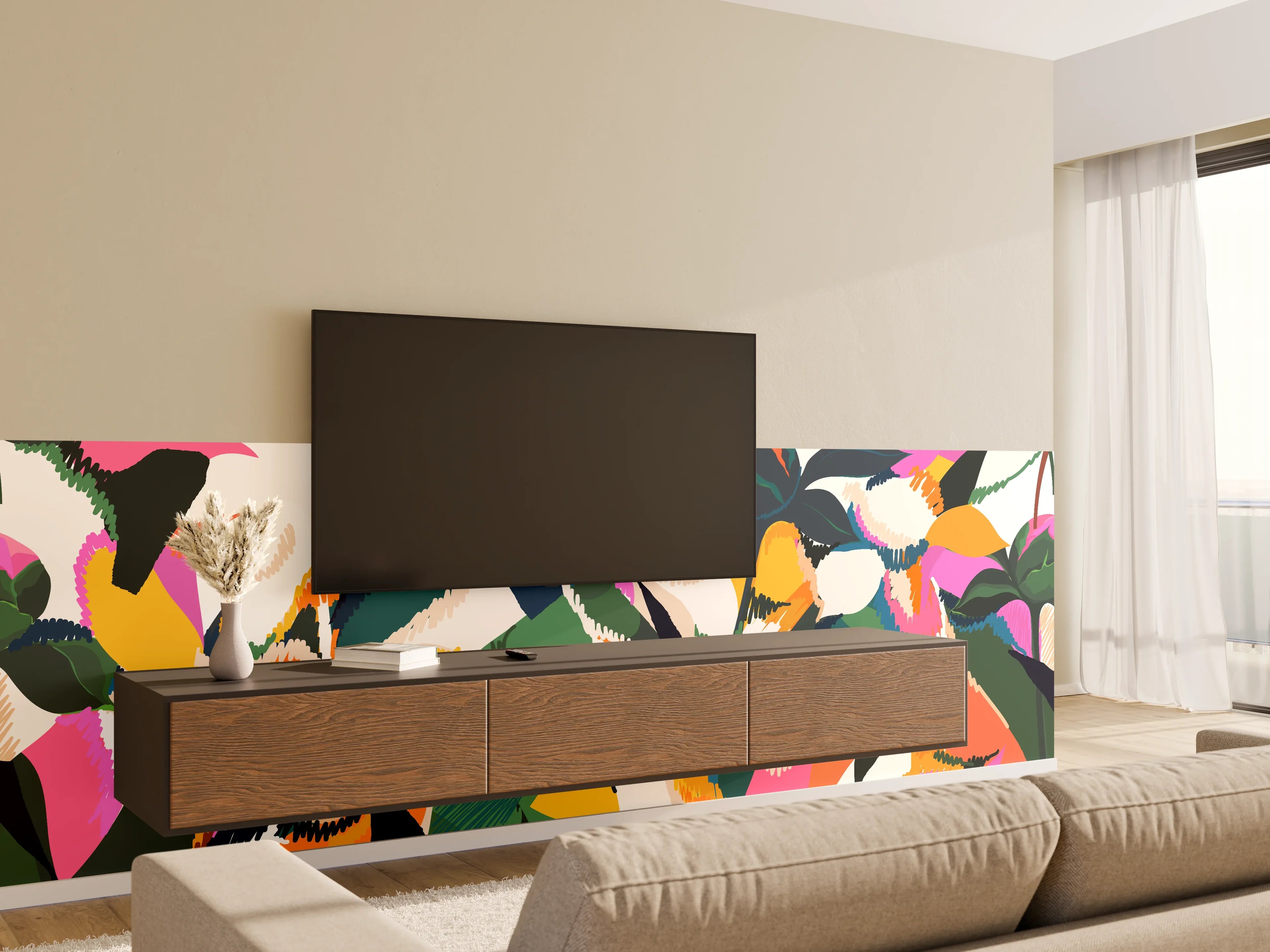 Wandverkleidung Wohnzimmer - Abstrakte Tropische Blumen Pink-Orange