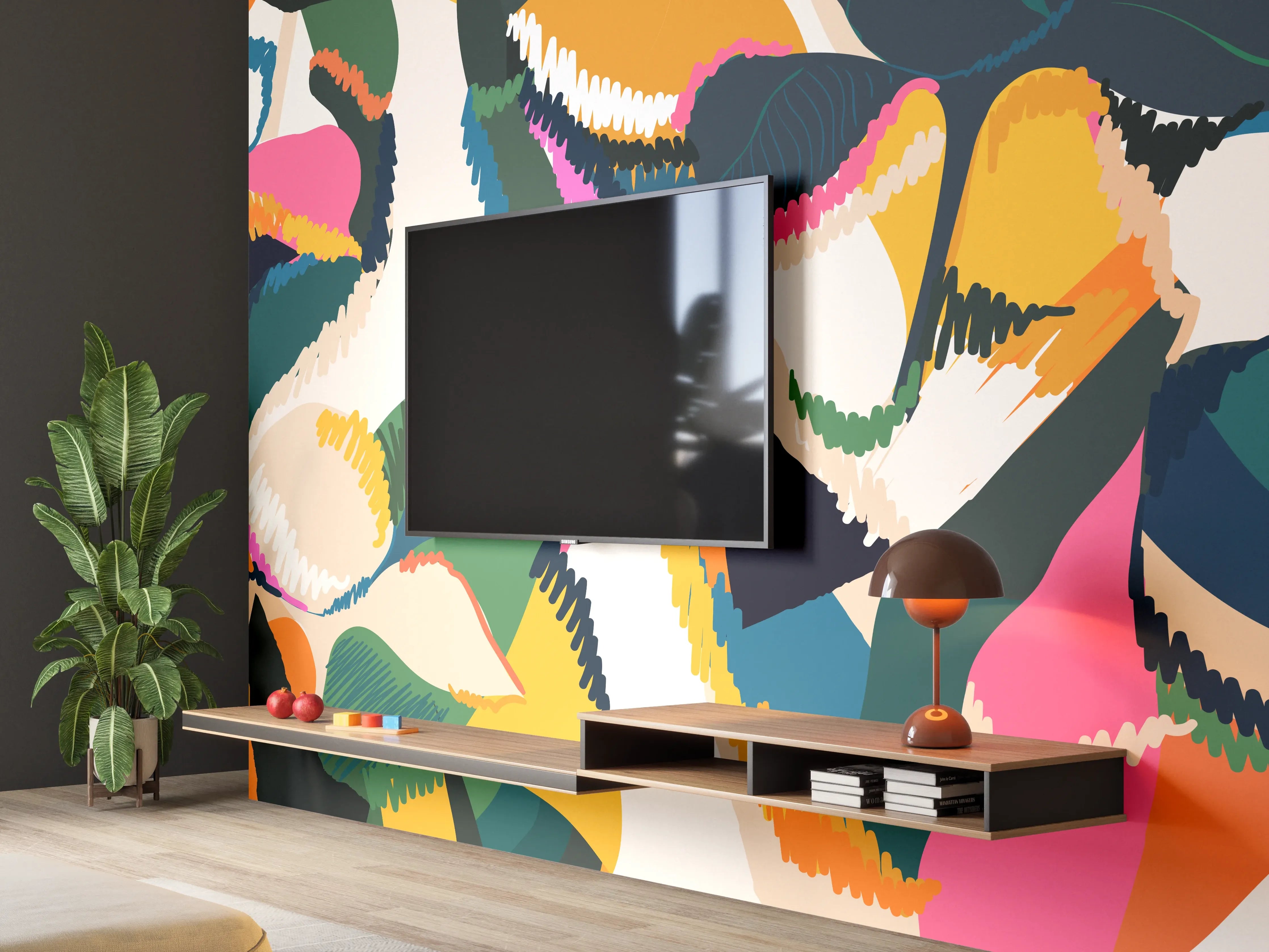 Wandverkleidung Wohnzimmer - Abstrakte Tropische Blumen Pink-Orange