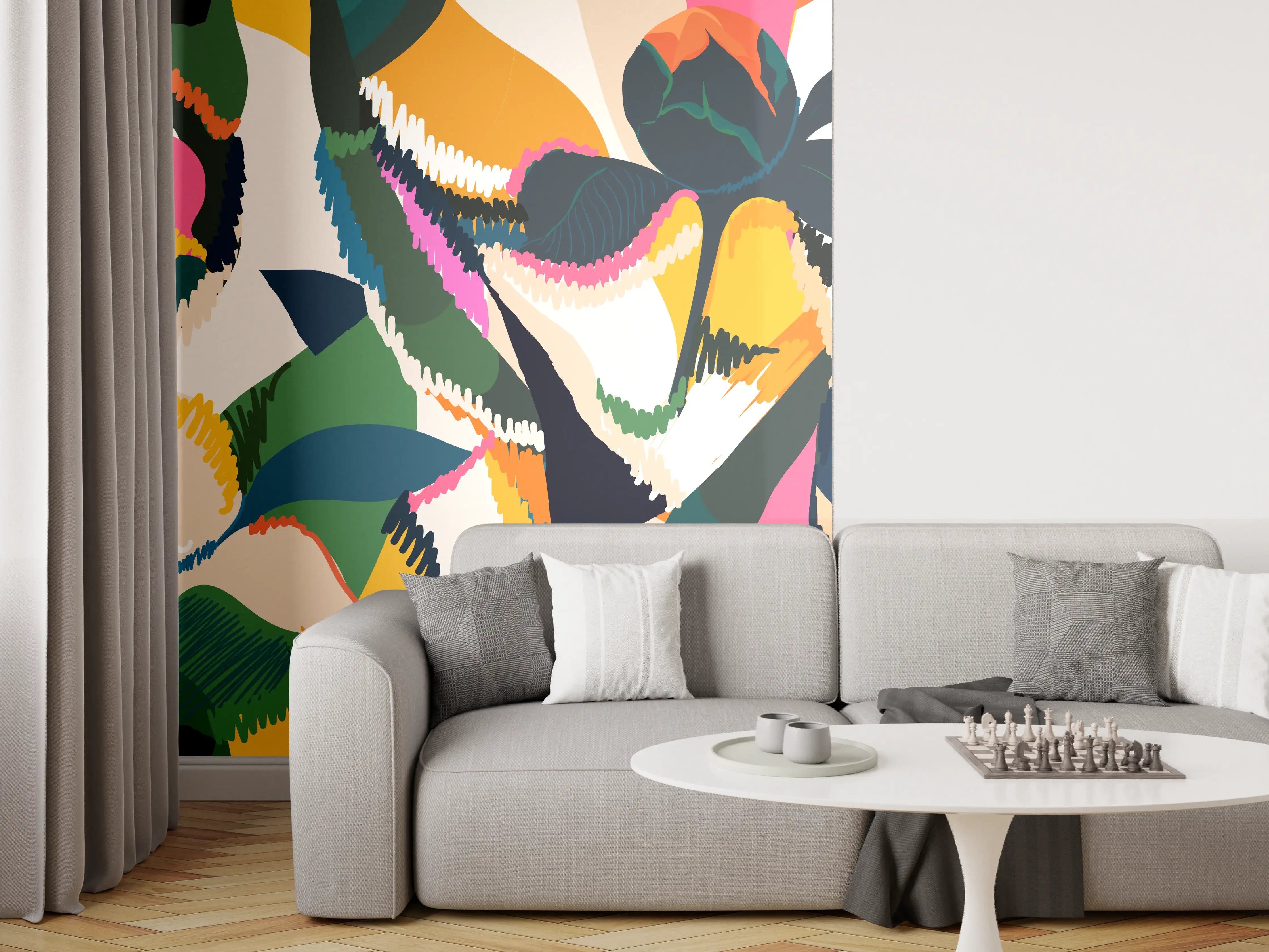 Wandverkleidung Wohnzimmer - Abstrakte Tropische Blumen Pink-Orange