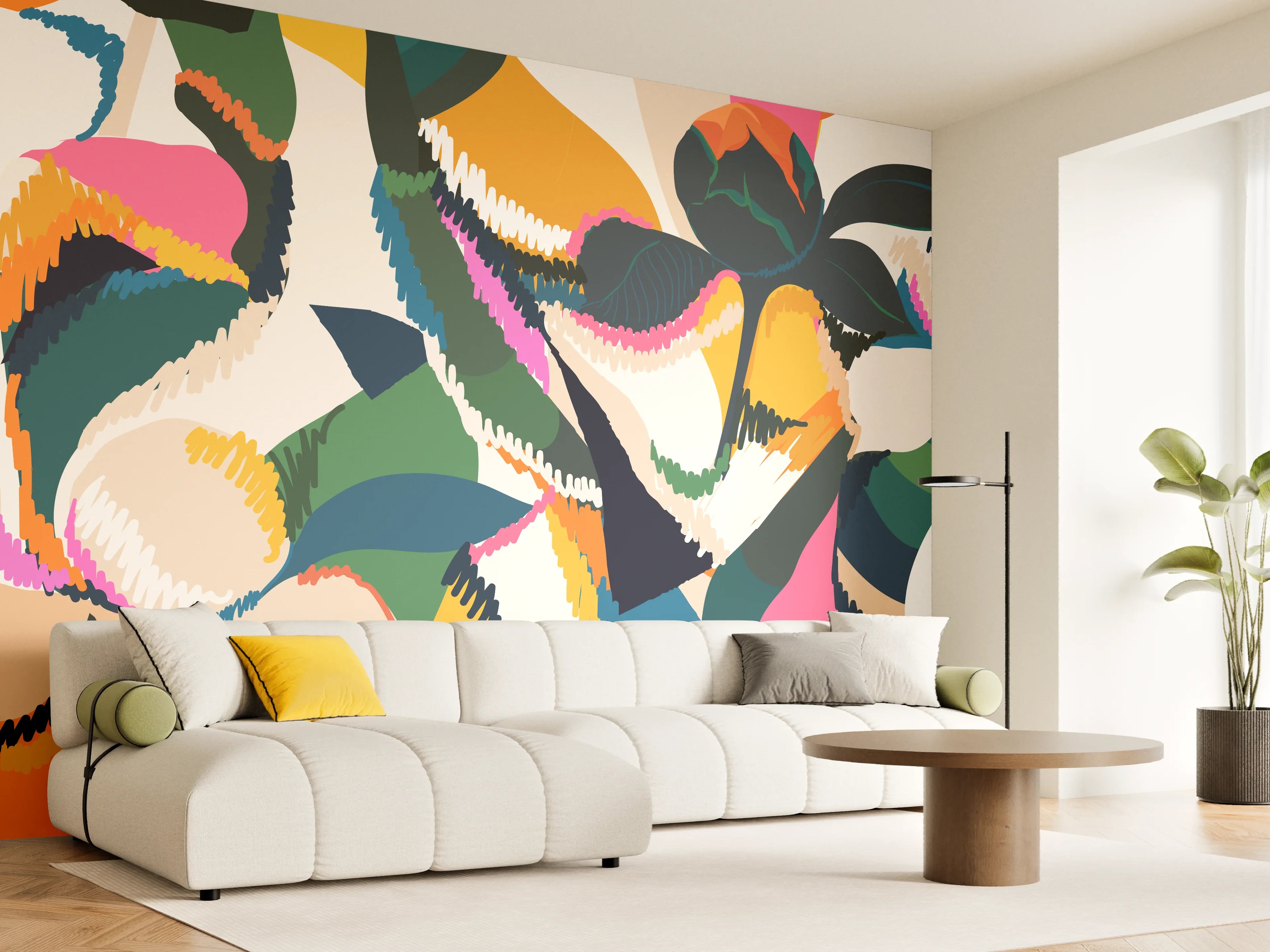 Wandverkleidung Wohnzimmer - Abstrakte Tropische Blumen Pink-Orange