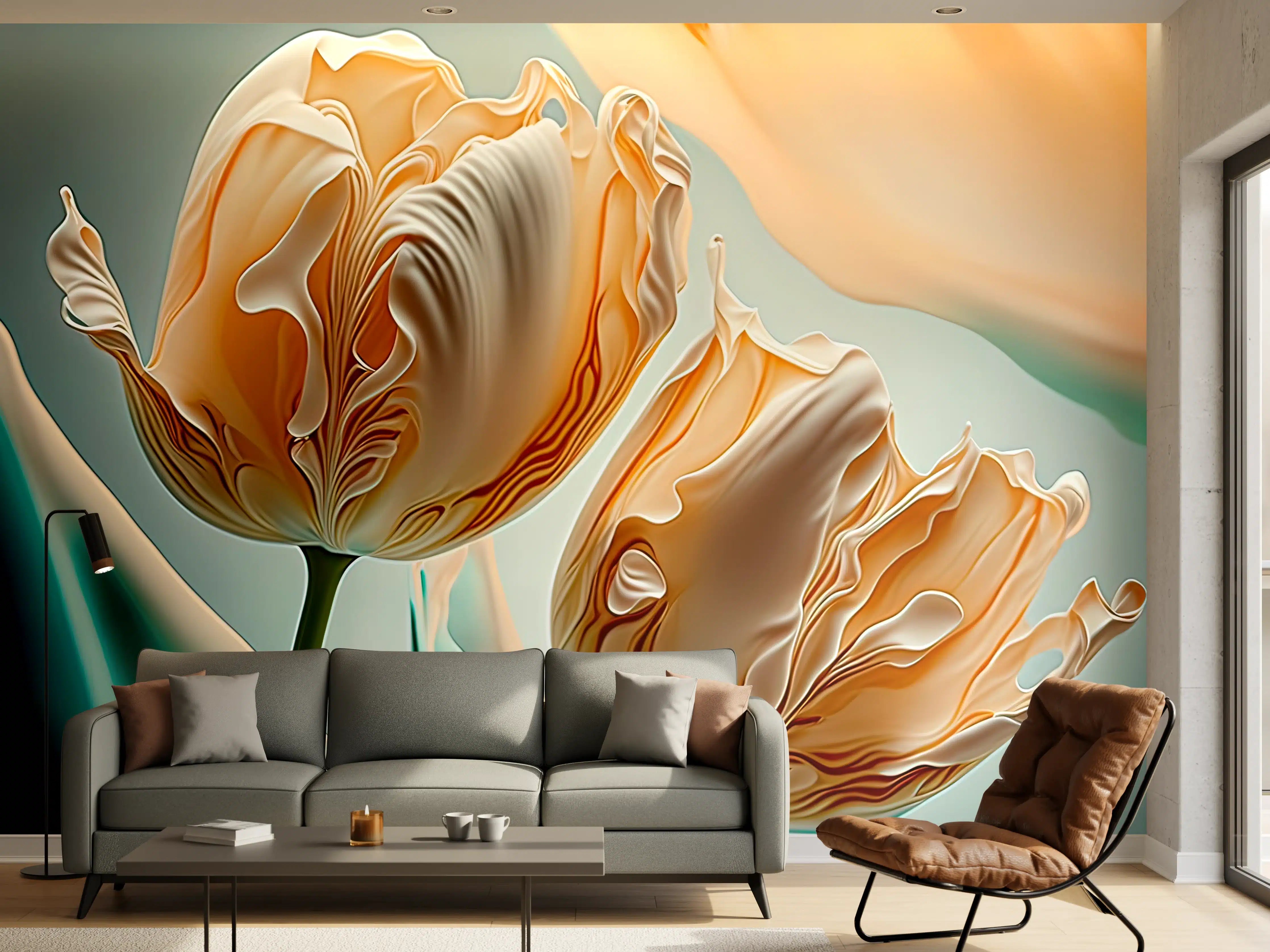 Wandverkleidung Wohnzimmer - Abstrakte Tulpen in sanften Farben
