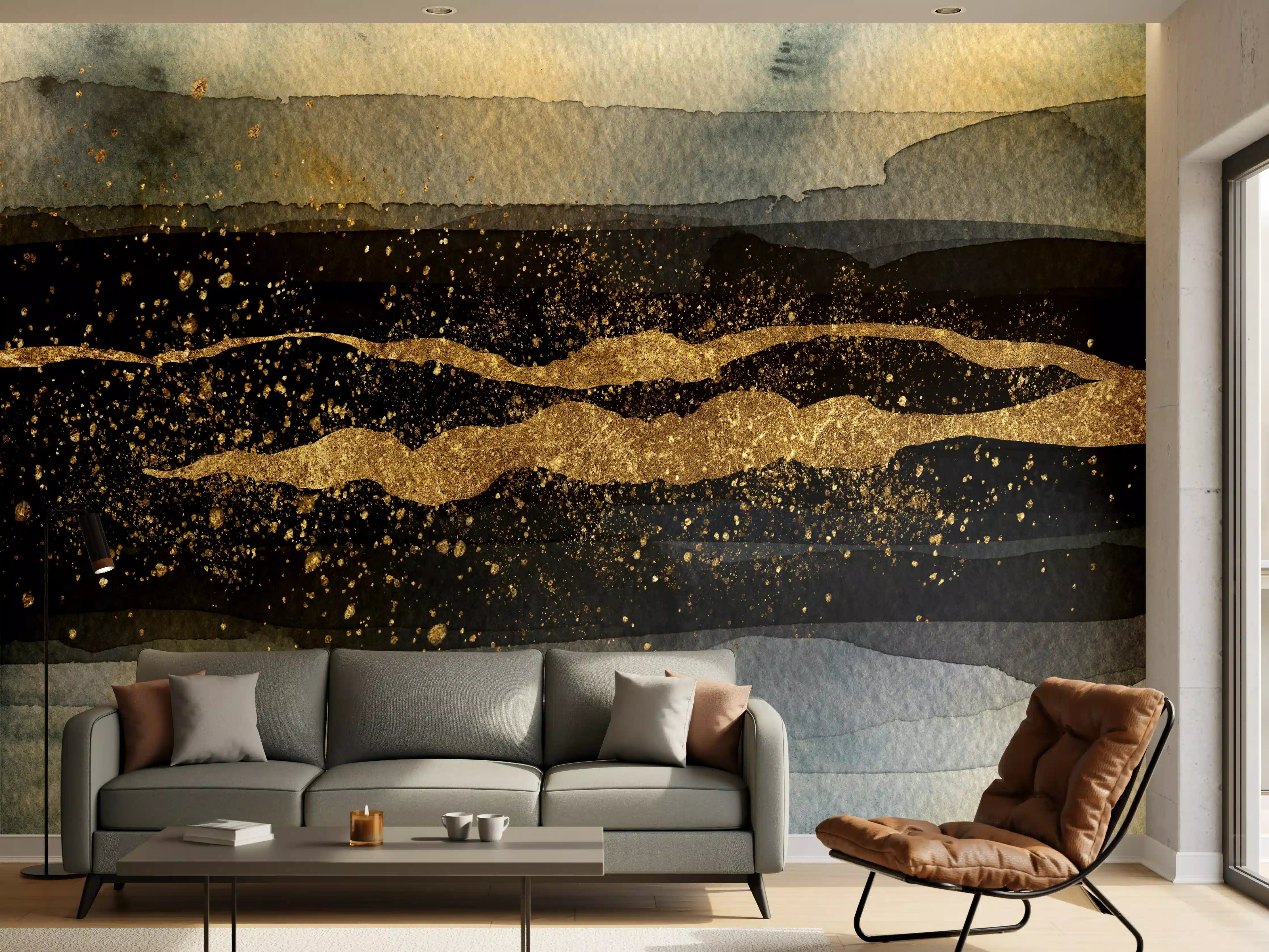 Wandverkleidung Wohnzimmer - Abstrakte Wasserfarbenkunst mit Goldakzenten