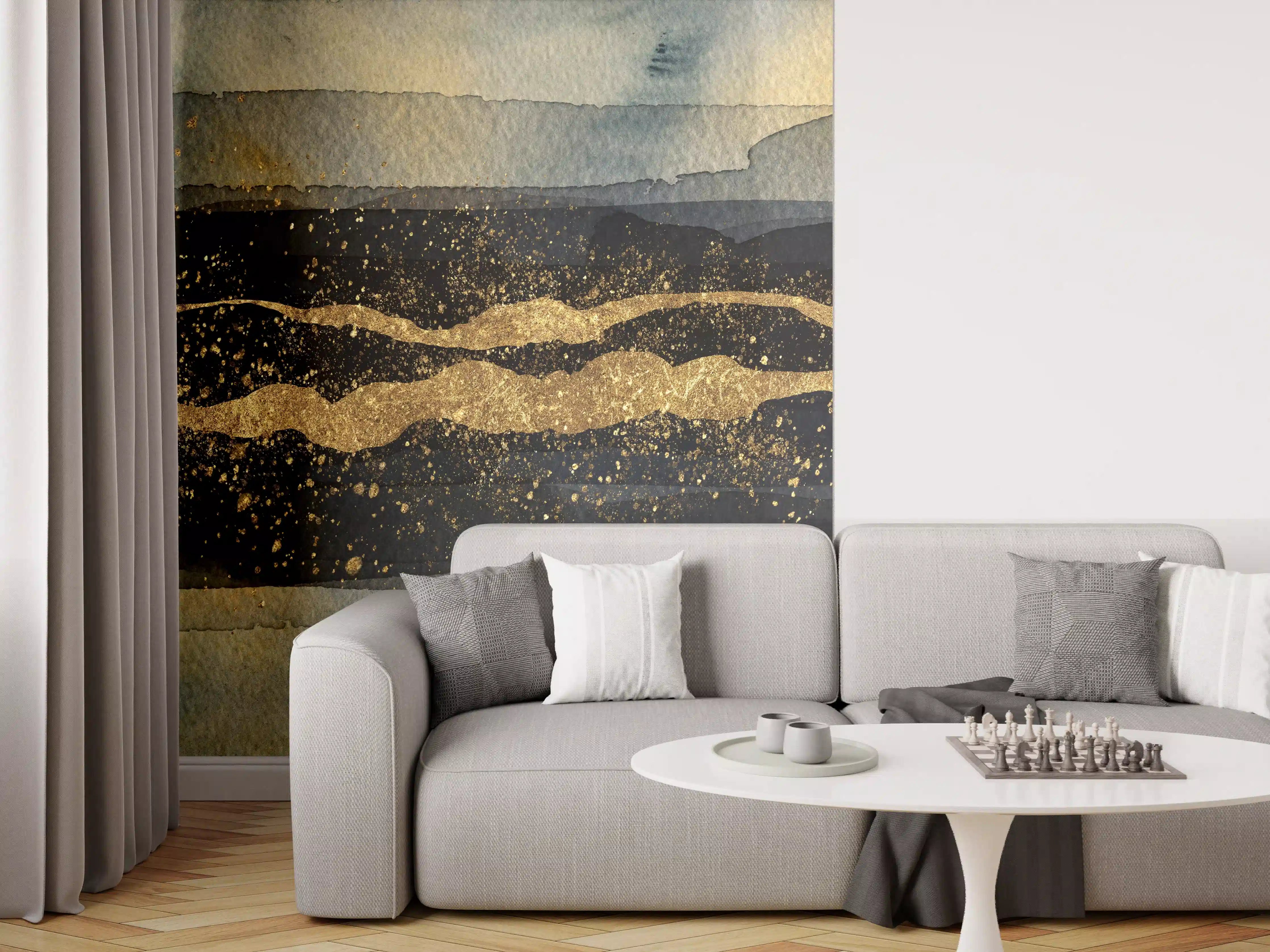 Wandverkleidung Wohnzimmer - Abstrakte Wasserfarbenkunst mit Goldakzenten