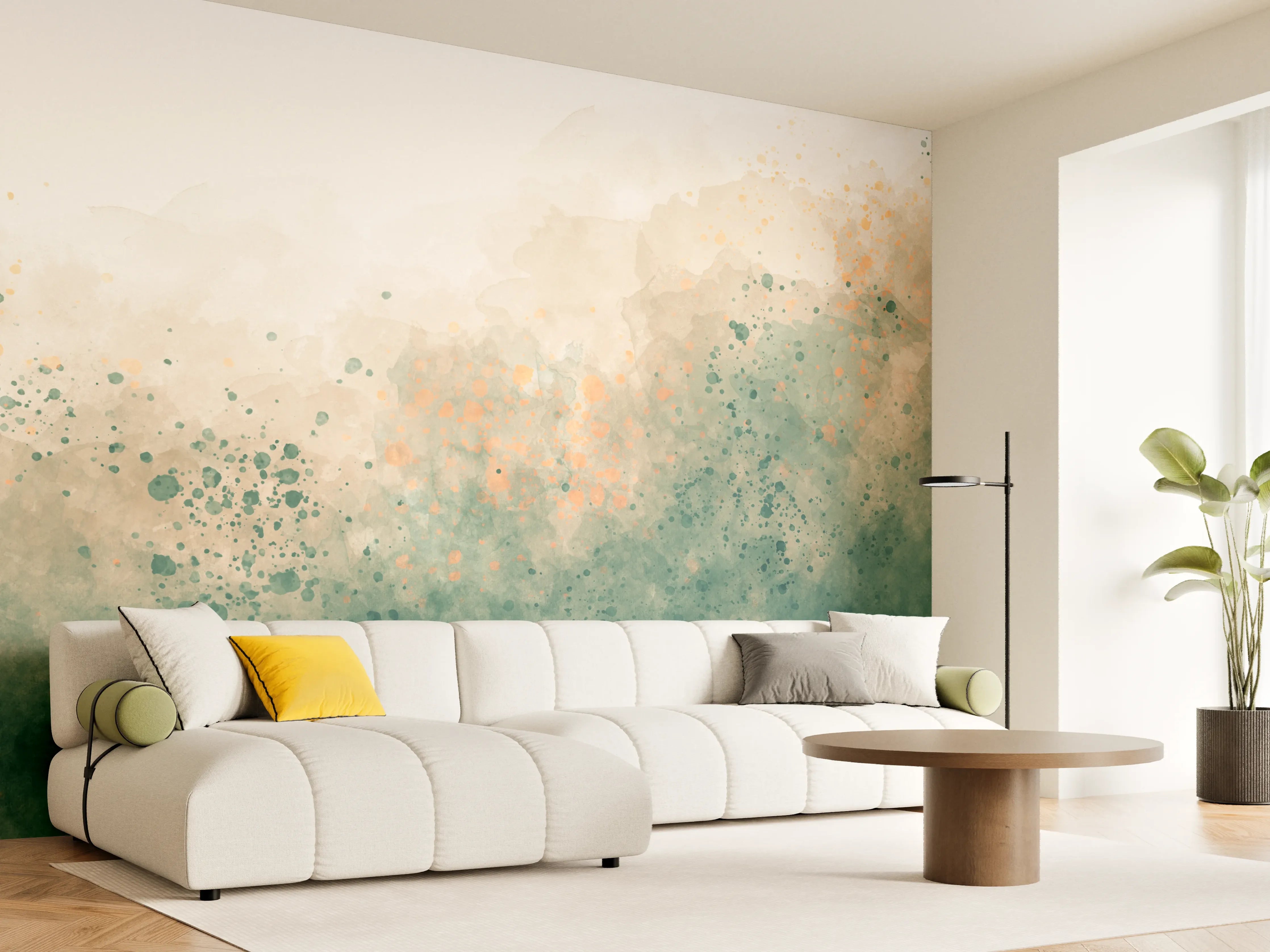 Wandverkleidung Wohnzimmer - Abstrakte Wasserfarbentöne in Grün und Beige