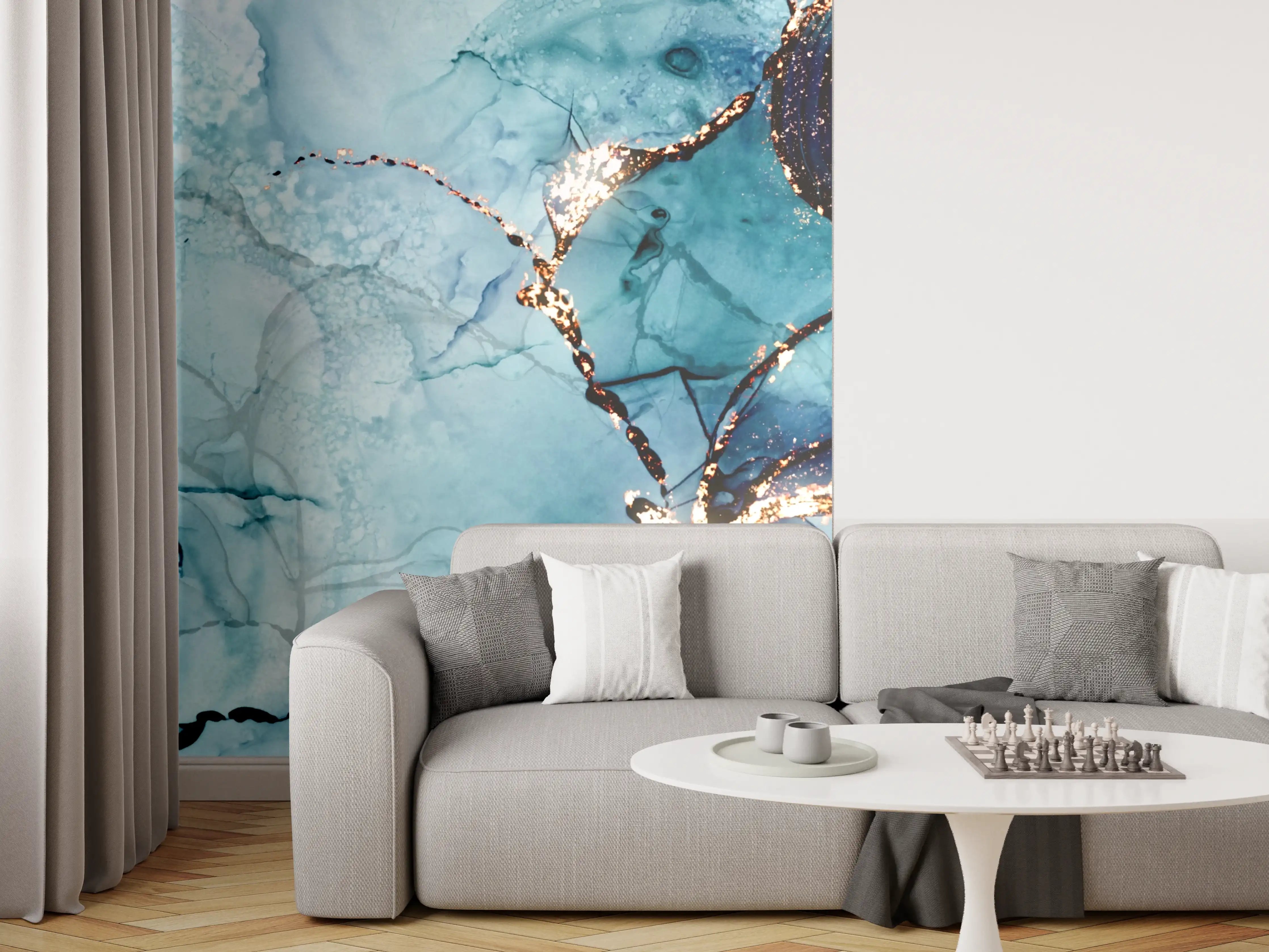 Wandverkleidung Wohnzimmer - Abstrakte Wassermarmor-Optik mit Goldakzenten
