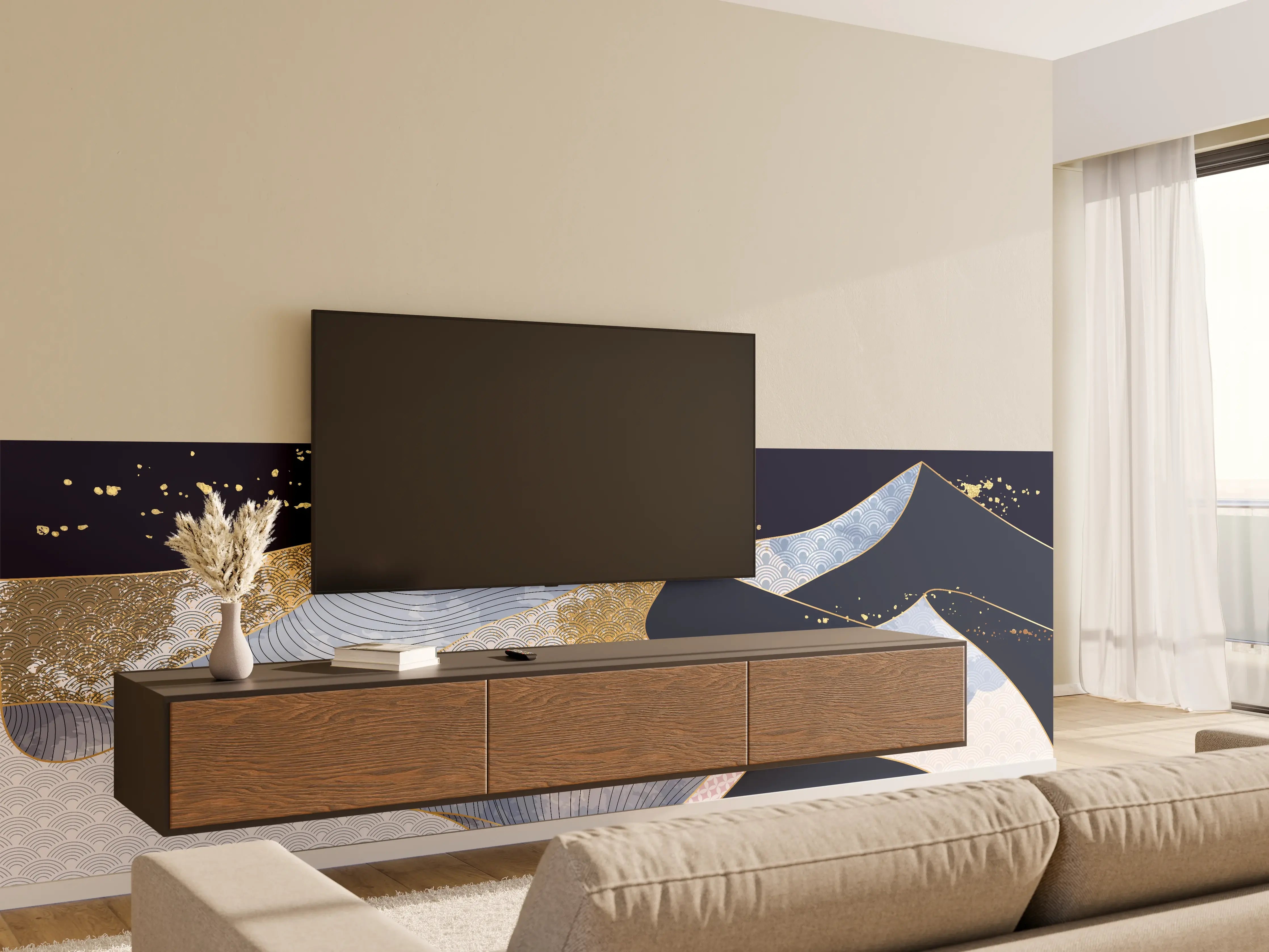 Wandverkleidung Wohnzimmer - Abstrakte Wellen Gold Blau