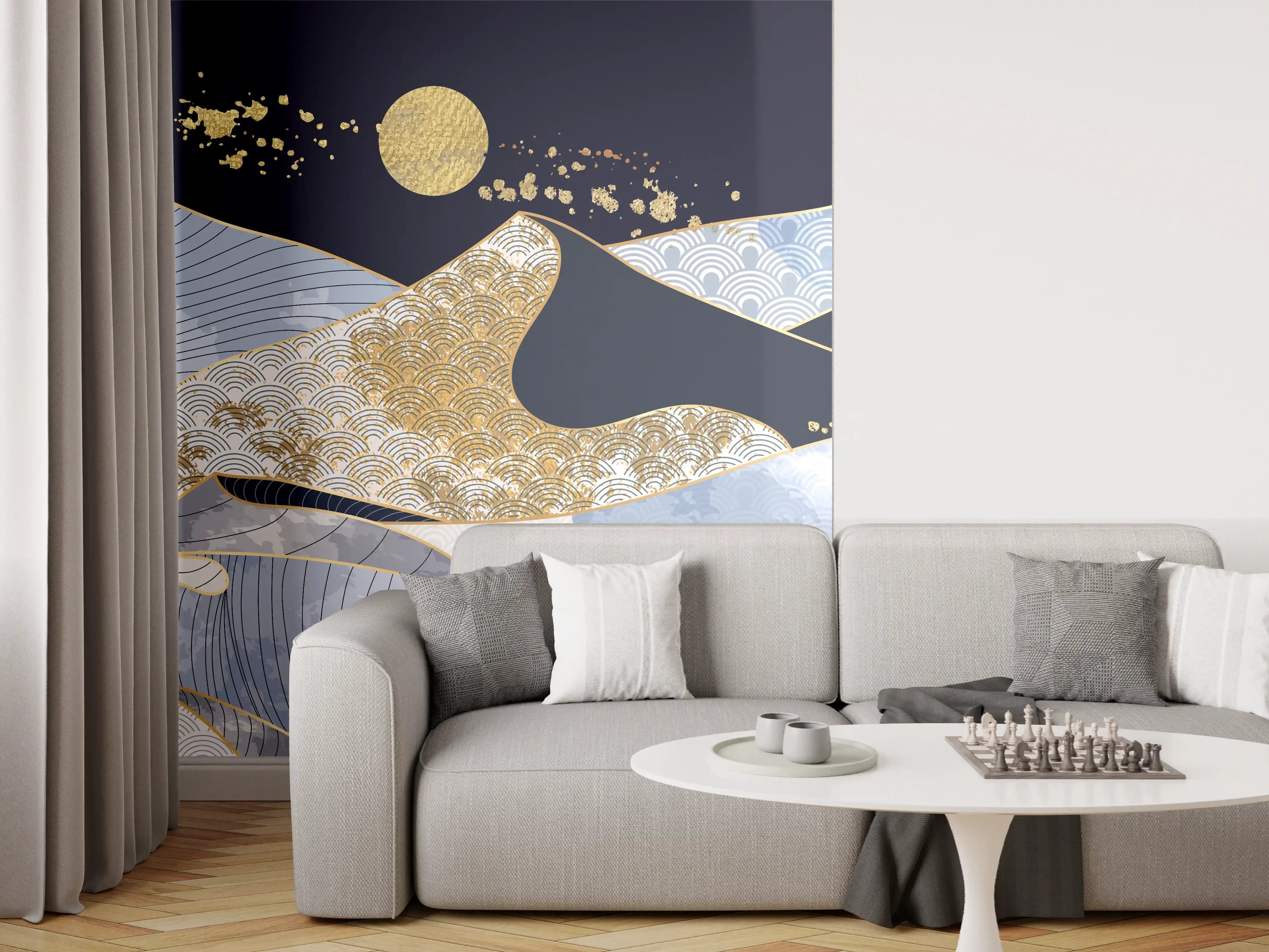 Wandverkleidung Wohnzimmer - Abstrakte Wellen Gold Blau