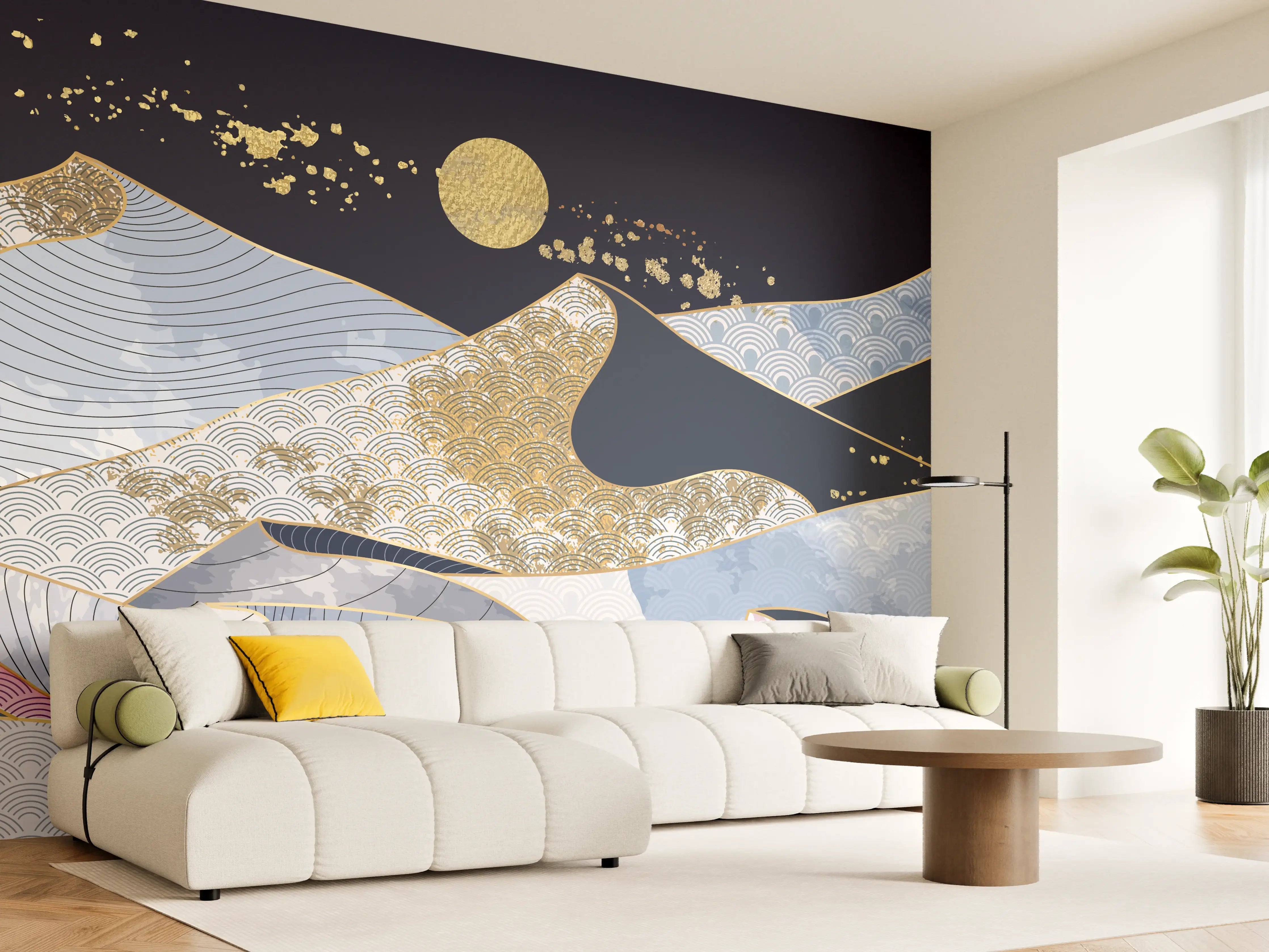 Wandverkleidung Wohnzimmer - Abstrakte Wellen Gold Blau